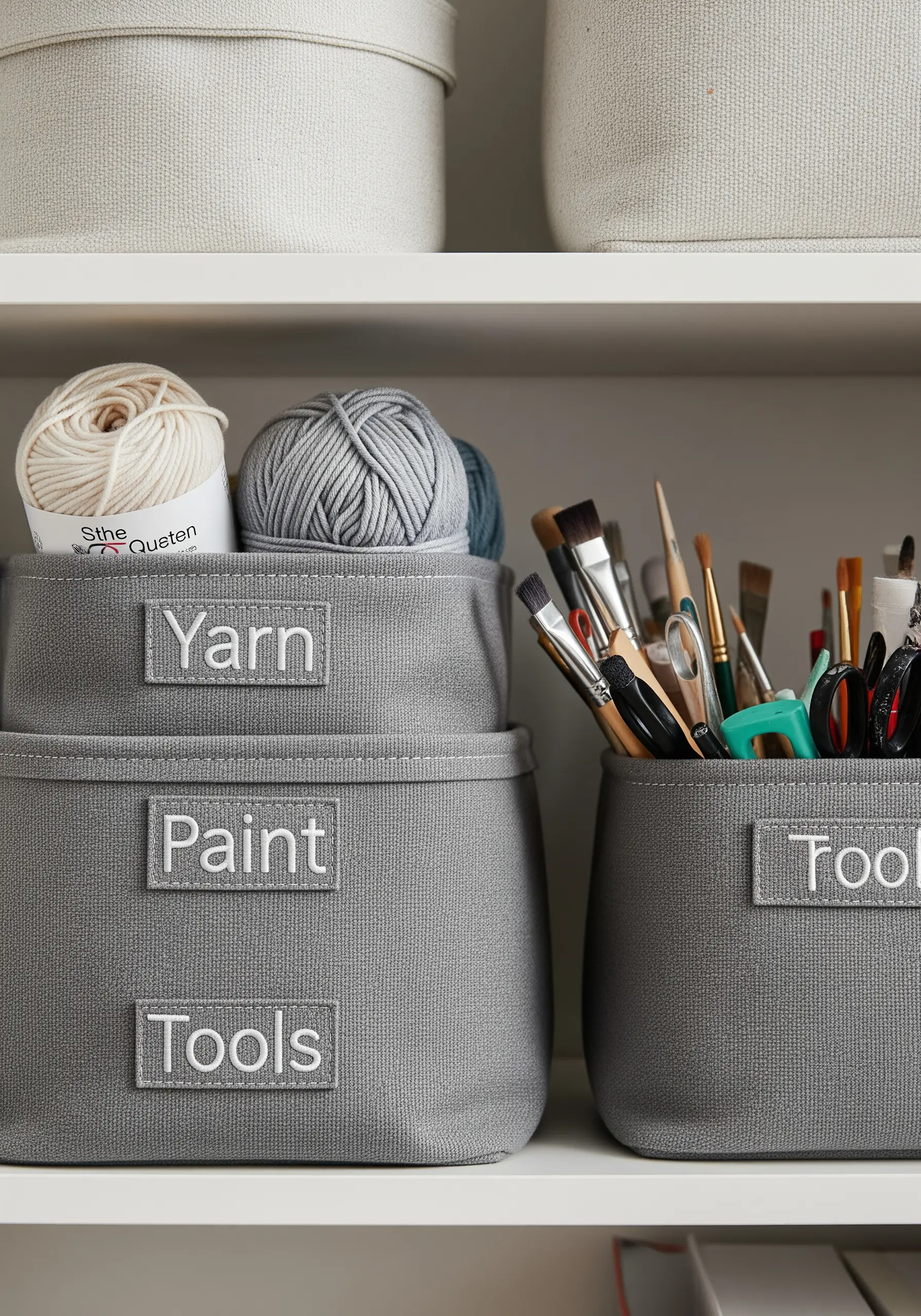 Gray fabric storage bins with clean, white embroidered labels for 'Yarn,' 'Paint,' and 'Tools'.