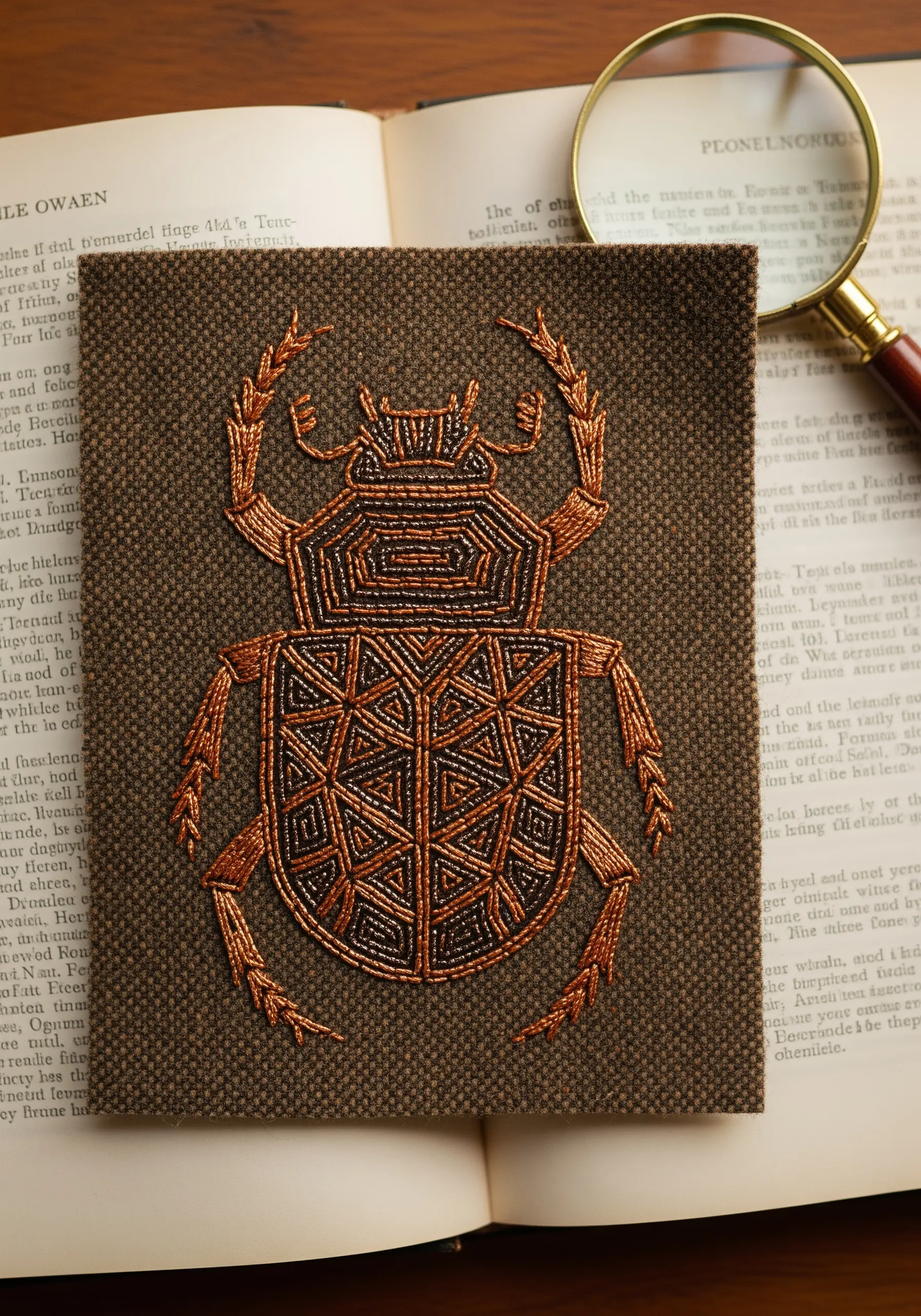 An ornate scarab beetle design created with couched metallic thread and brown seed beads.