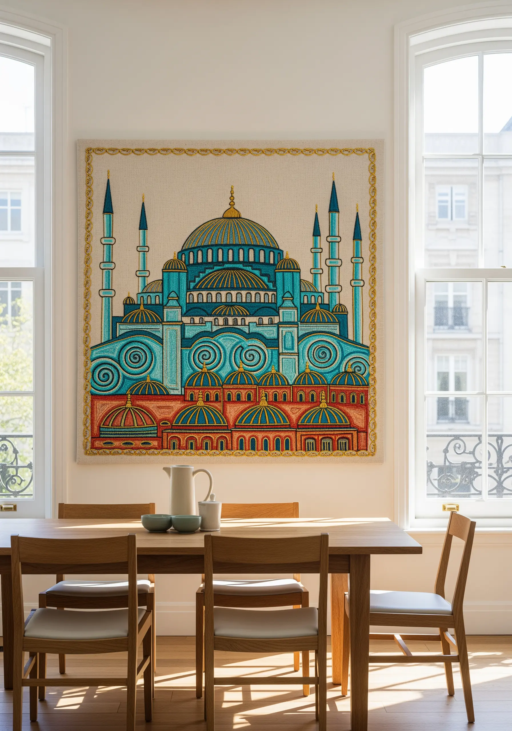 A large, detailed embroidery of Istanbul's Blue Mosque with intricate patterns and colors.