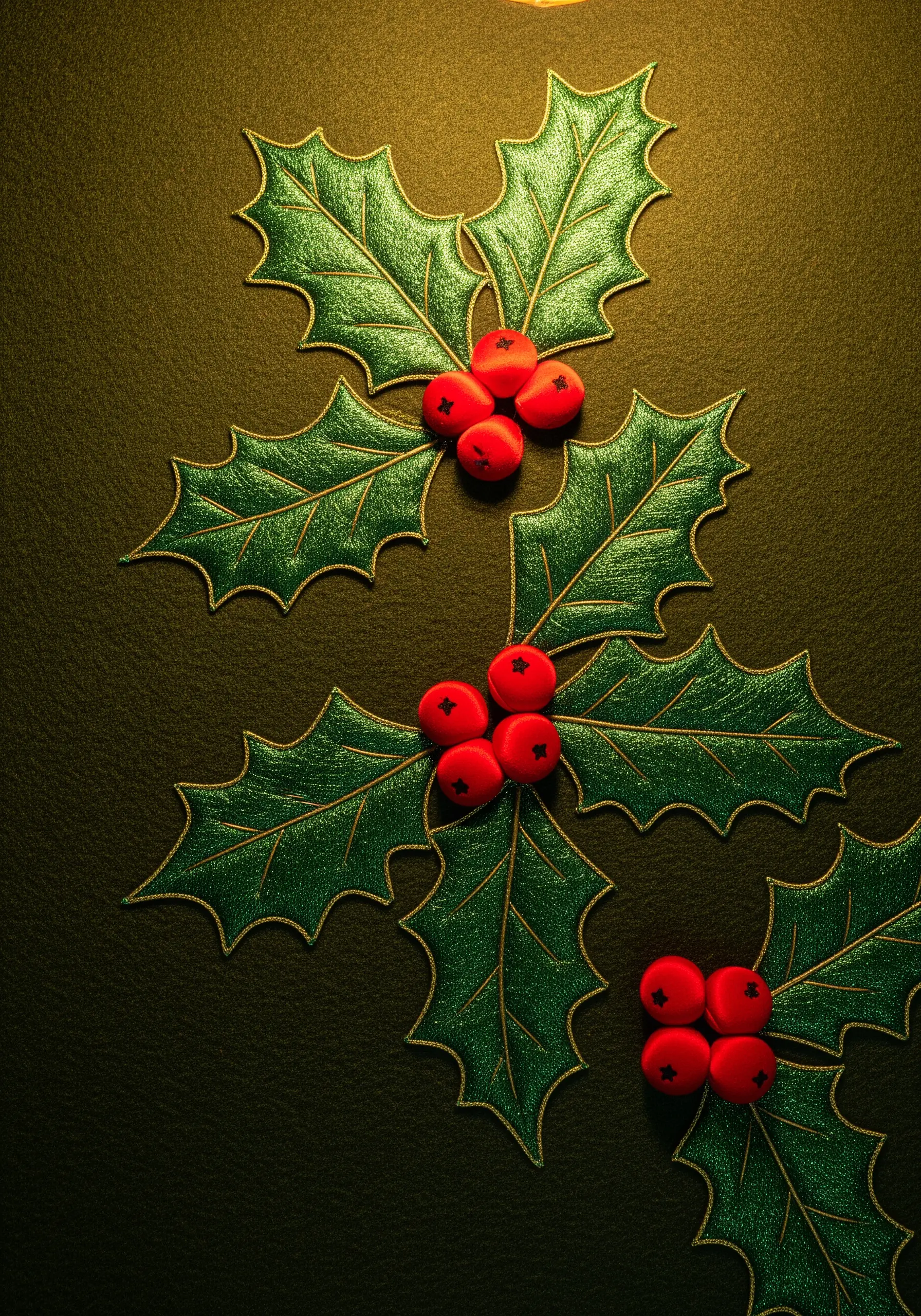 Three holly leaf clusters made from green fabric appliqué, outlined in gold metallic thread.