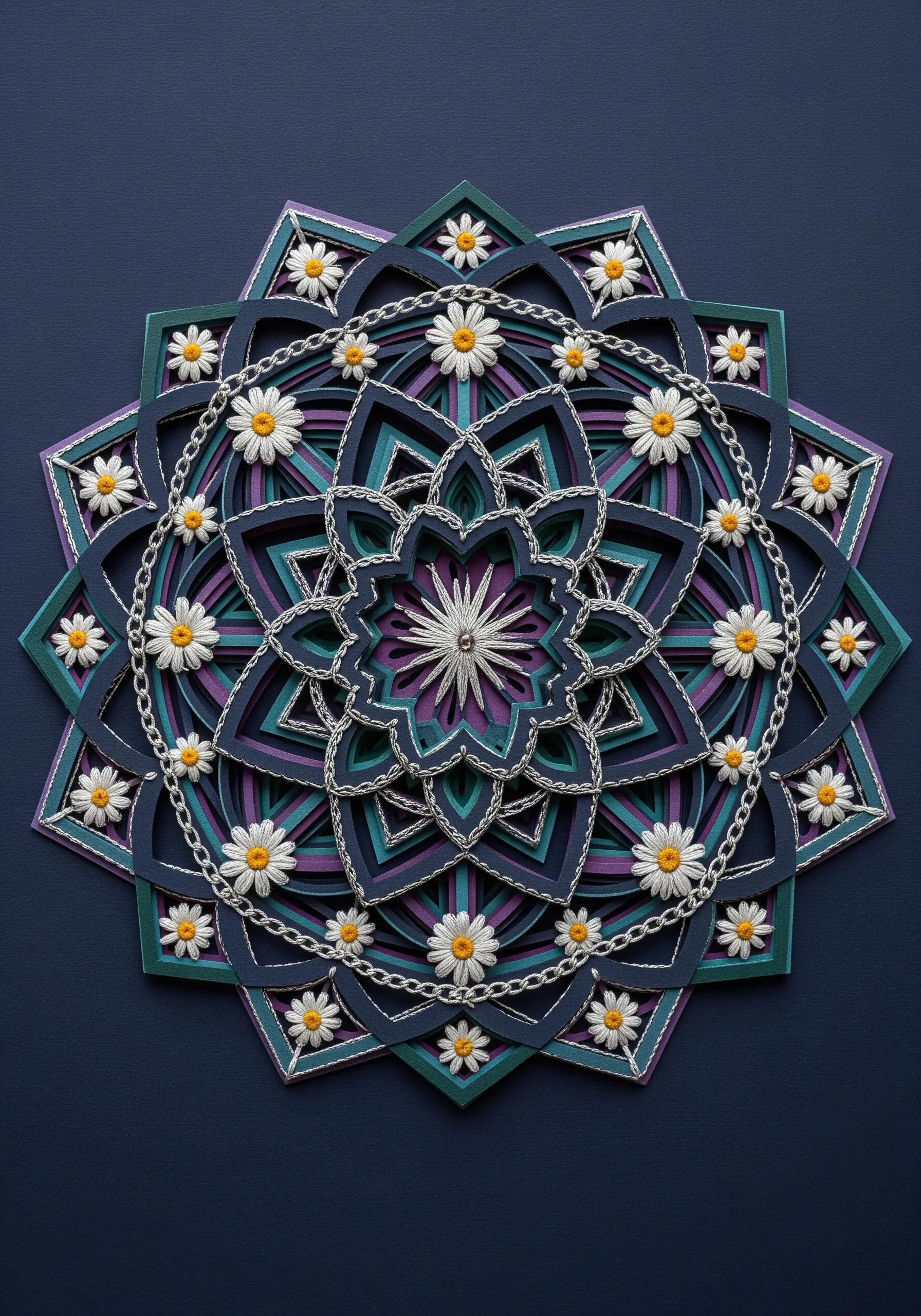 A multi-layered paper mandala with its edges outlined in a silver chain stitch.