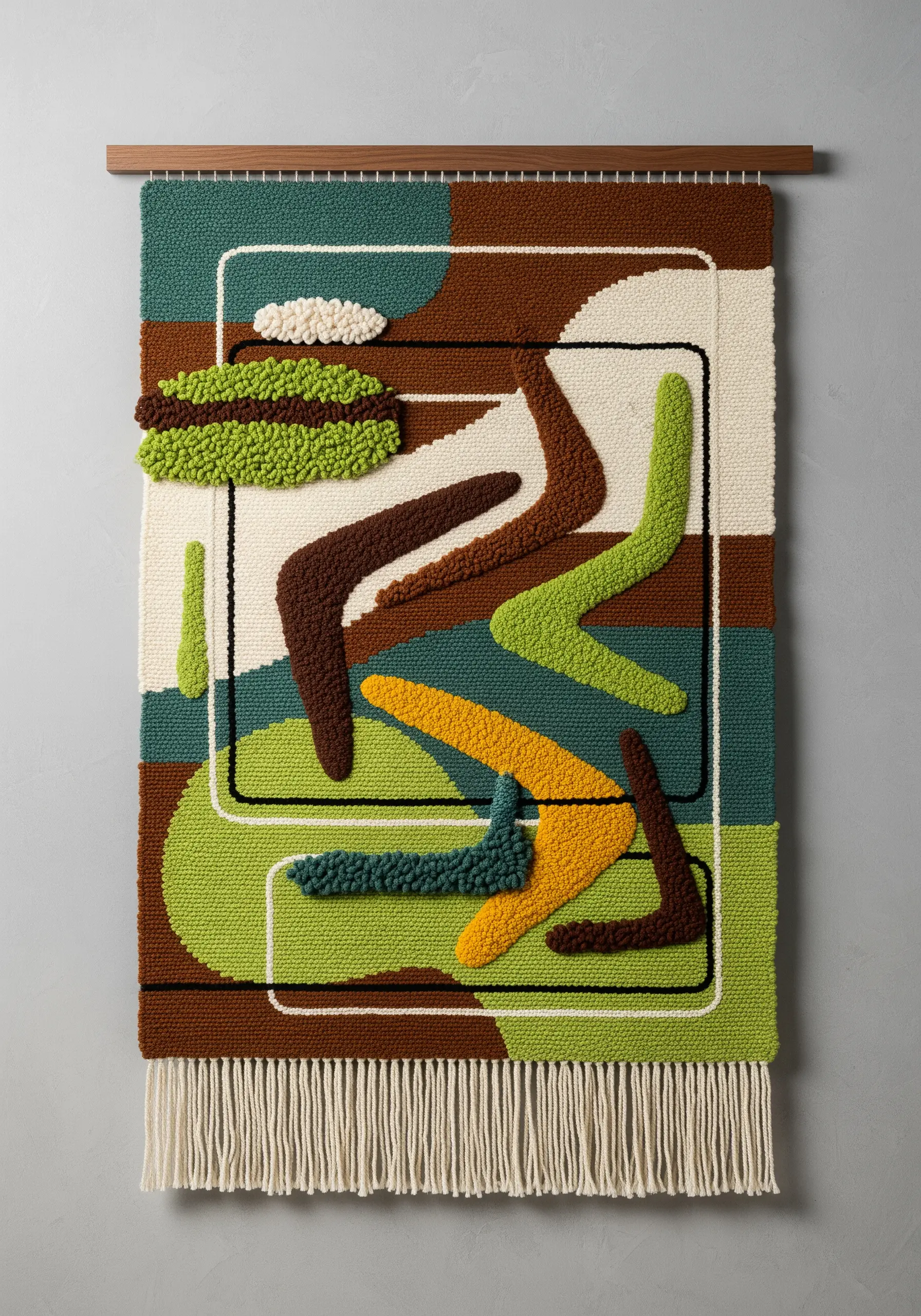 Abstract punch needle wall hanging with organic green, brown, and yellow shapes outlined in black.