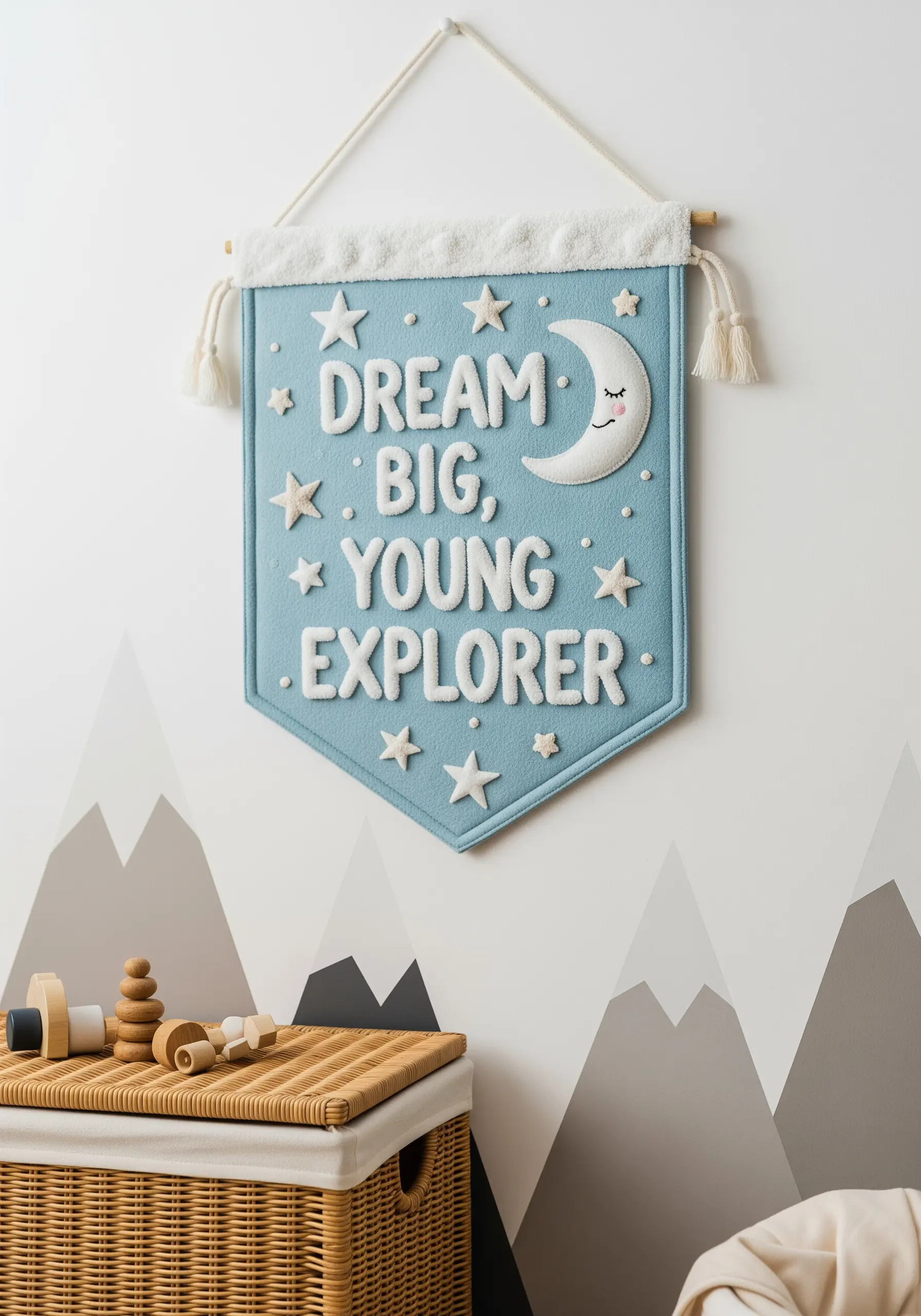 Dimensional appliqué letters and moon on a blue nursery wall banner.