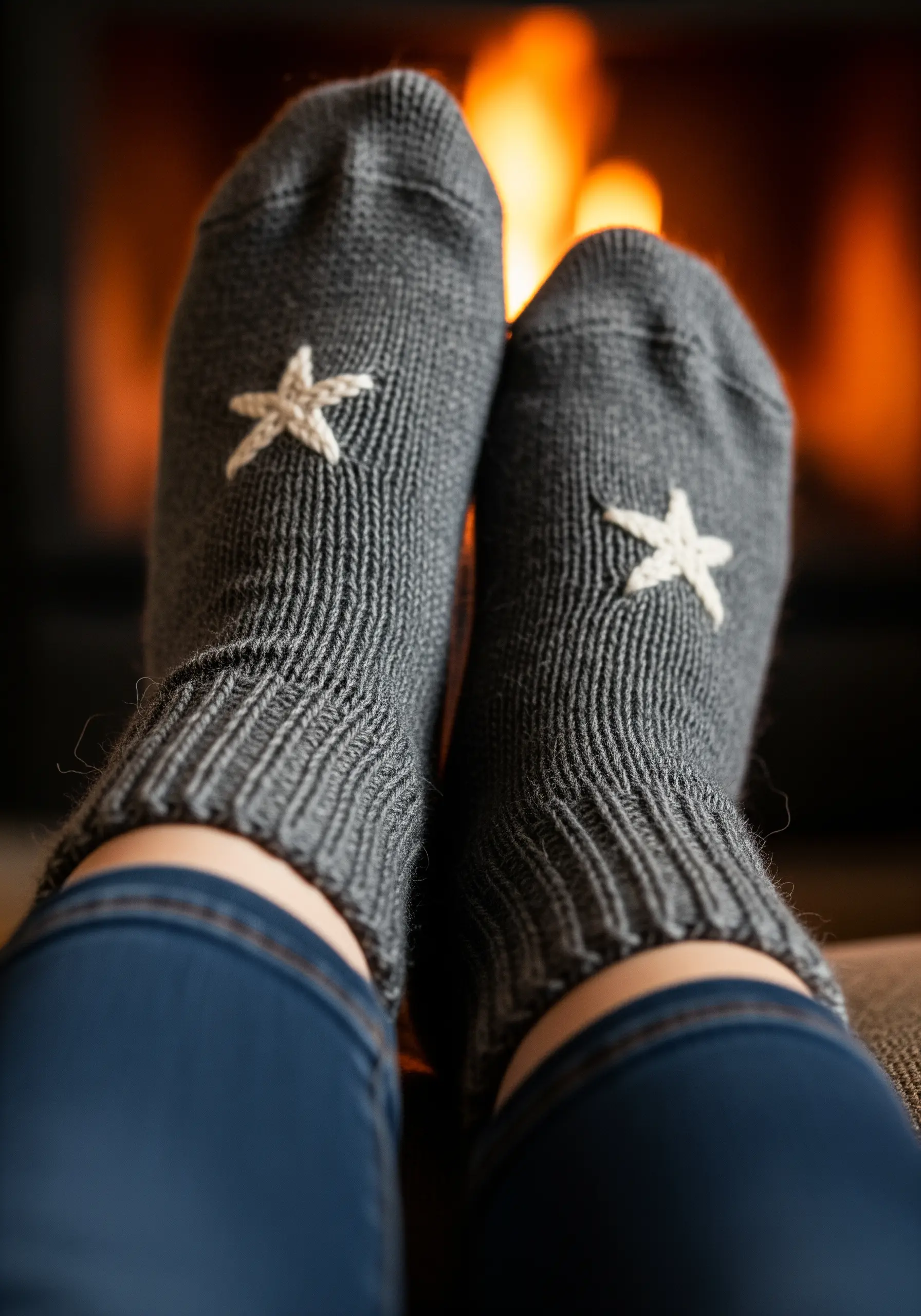 Small, puffy white stars embroidered on the ankles of thick, grey-knitted socks.