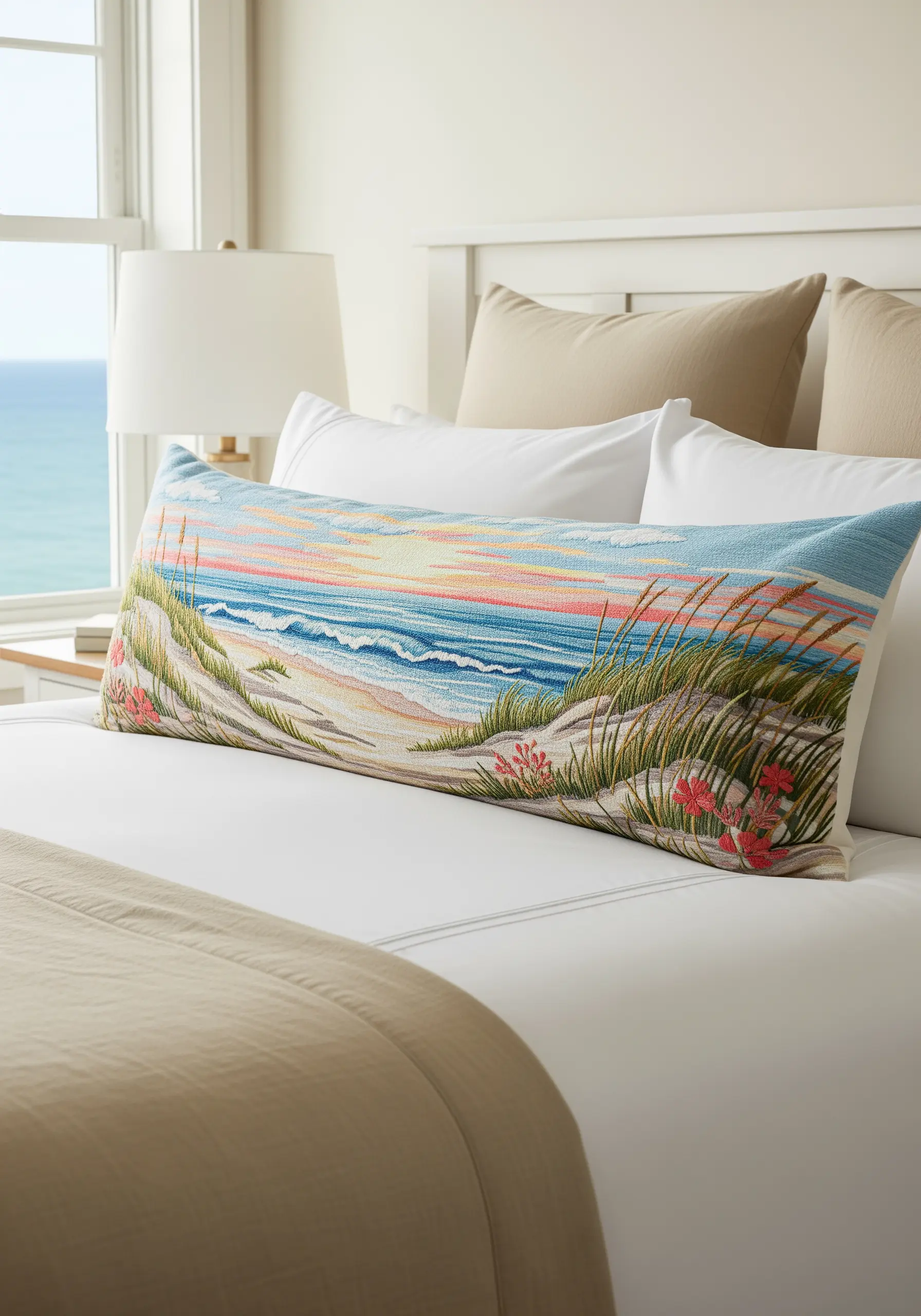 A lumbar pillow embroidered with a detailed, colorful beach and ocean scene at sunset.