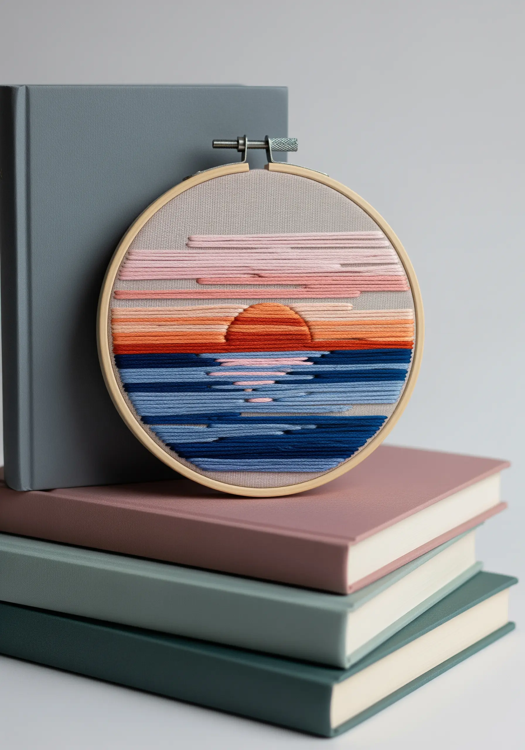 A minimalist sunset over water, embroidered with horizontal satin stitches in a small hoop.