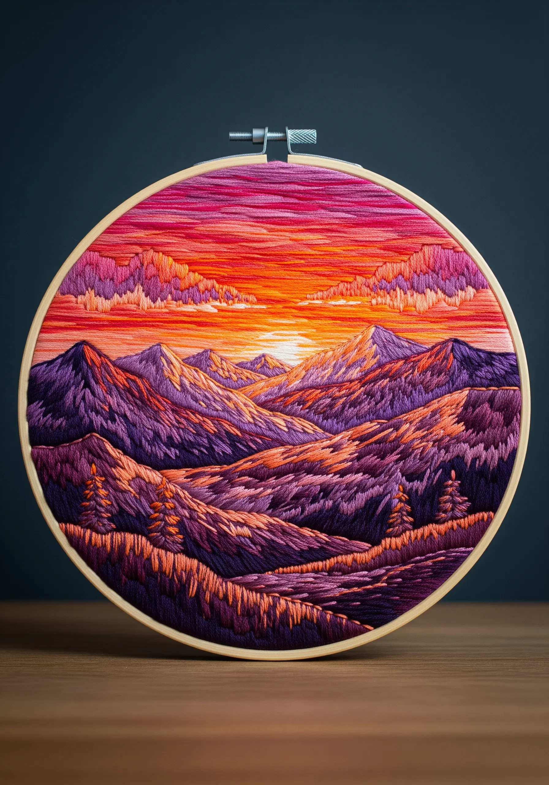 Detailed landscape embroidery of a vibrant sunset over purple mountains.