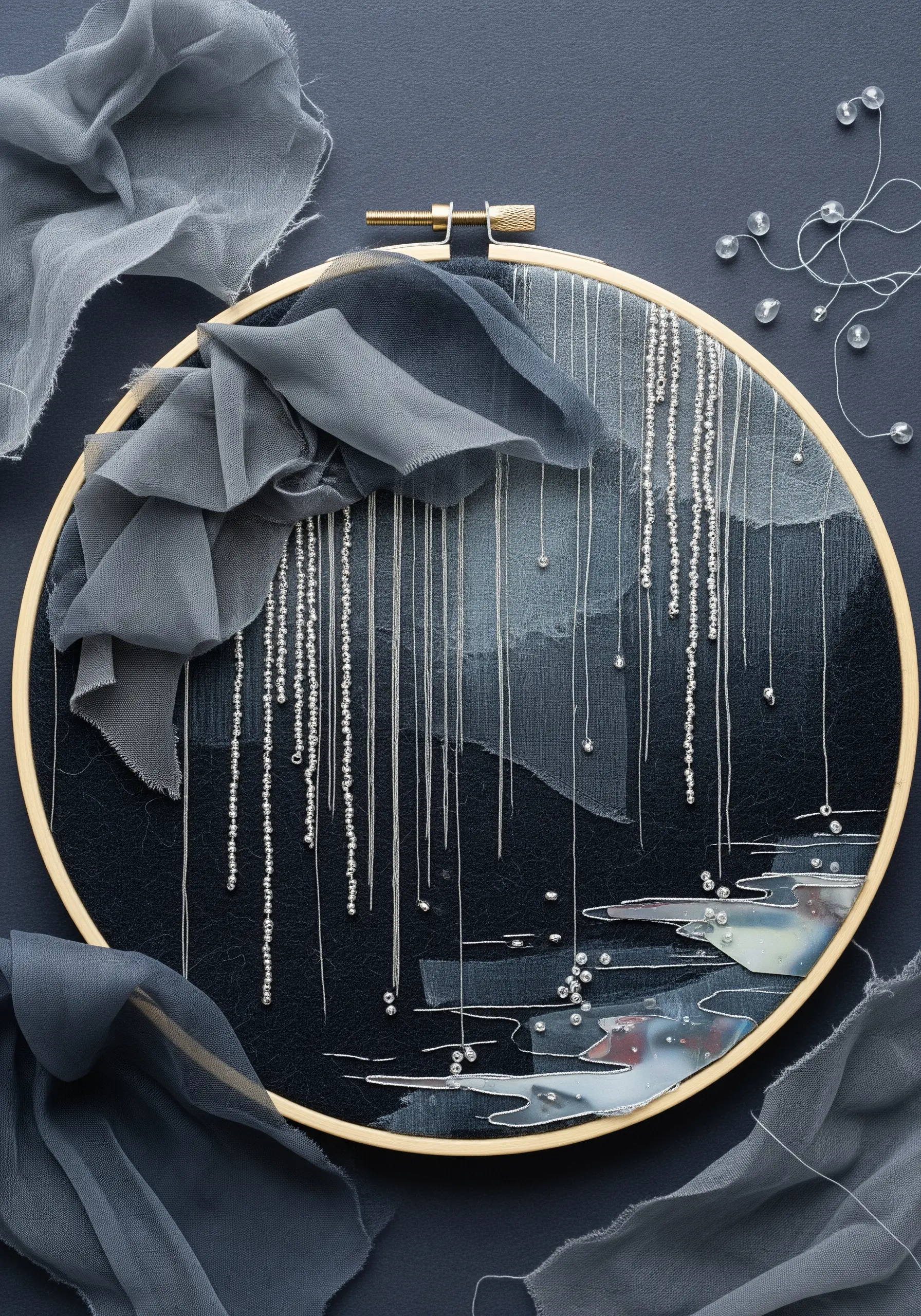 Abstract rainy landscape with layered gray chiffon, silver thread, and hanging seed beads.