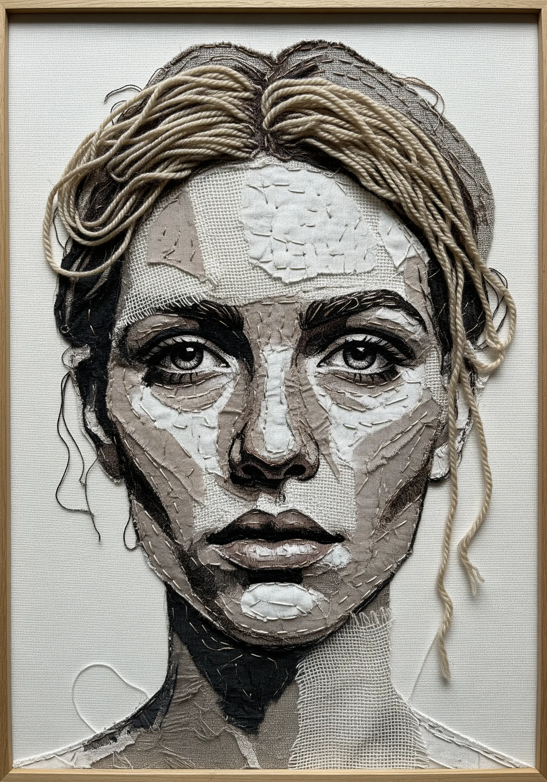 A realistic portrait made from a collage of neutral-toned fabric scraps and yarn for hair.