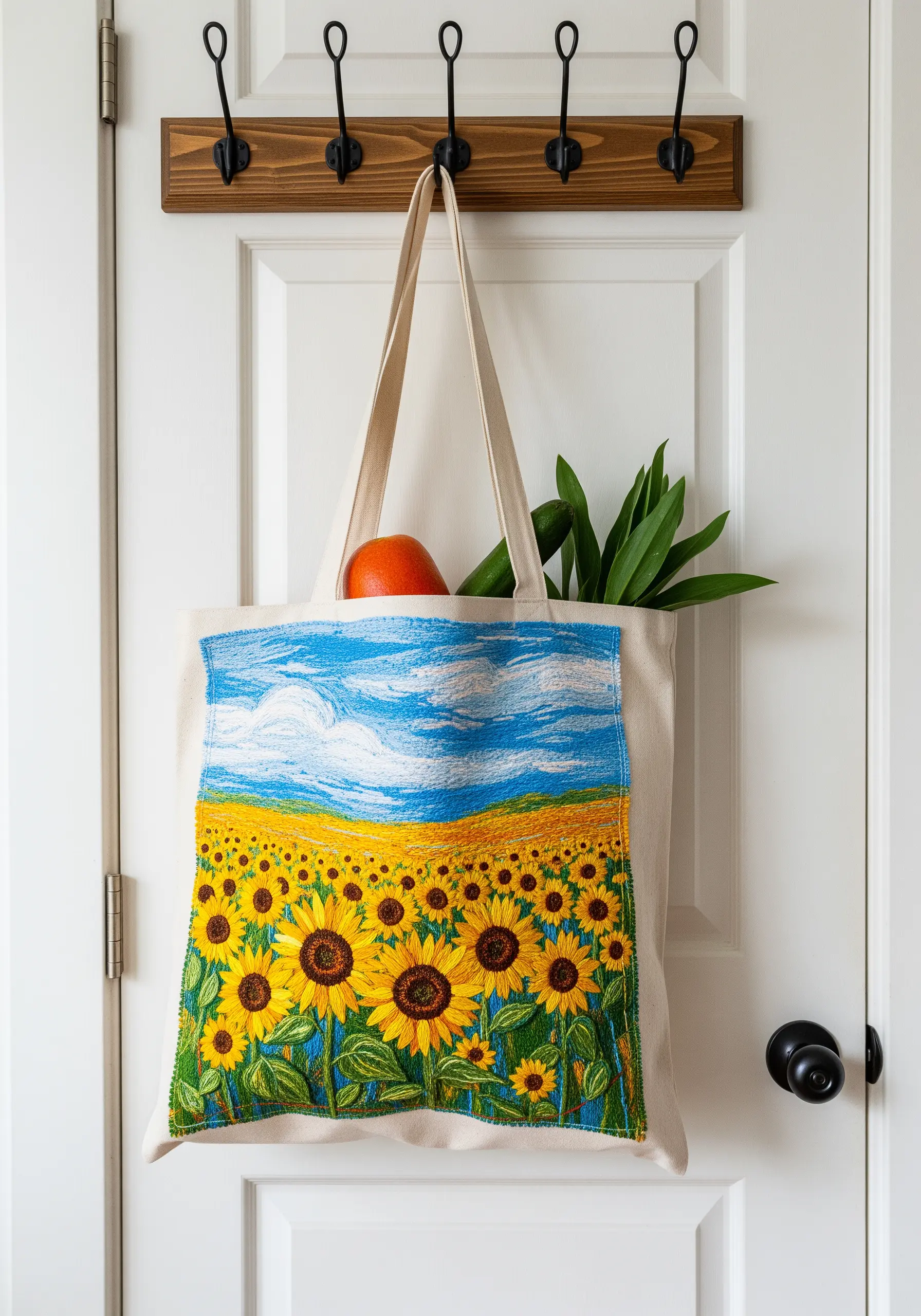 Tote bag with a thread-painted landscape of a sunflower field under a blue sky.