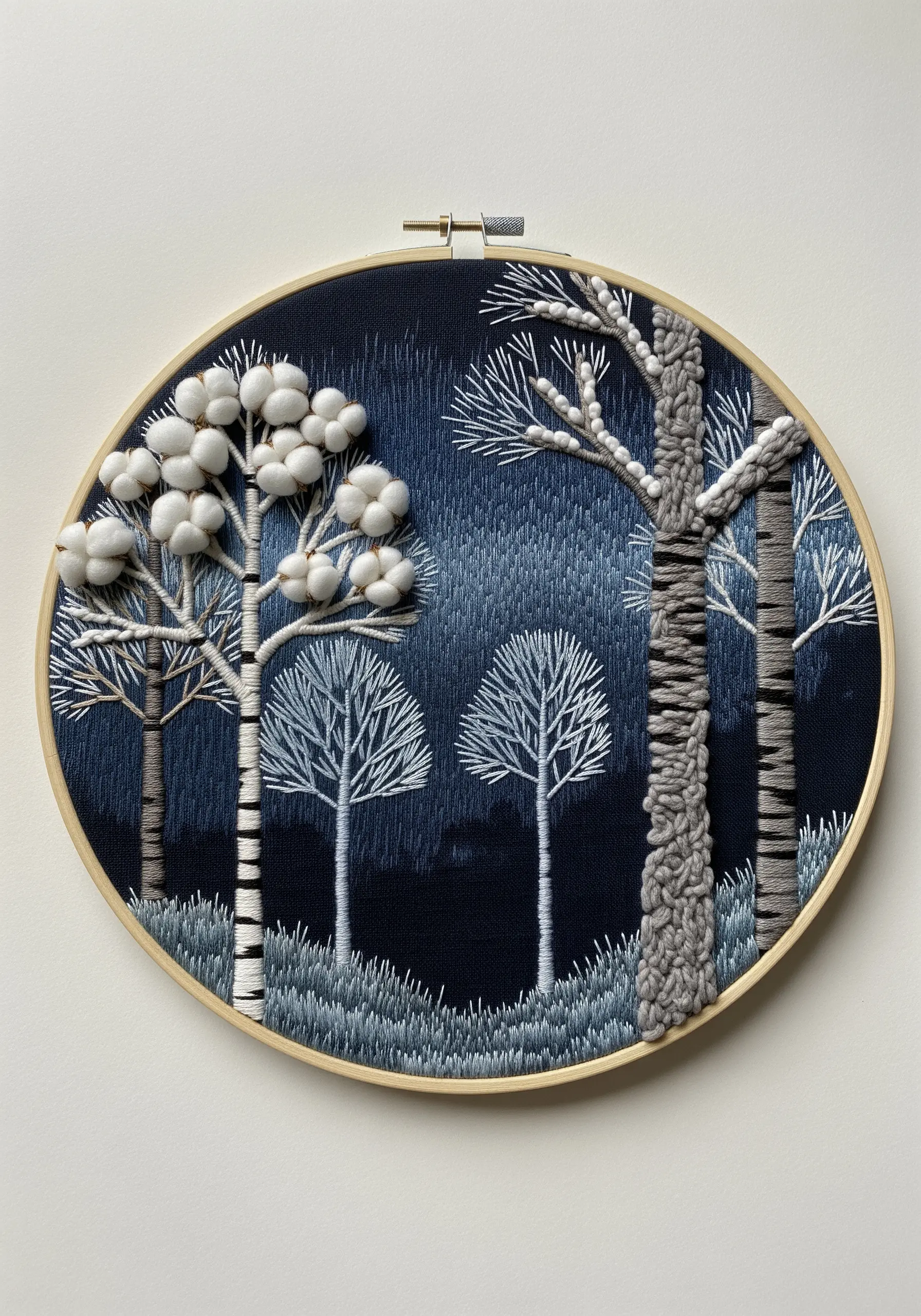 Embroidery hoop art of a winter forest at dusk, using yarn and thread for texture.