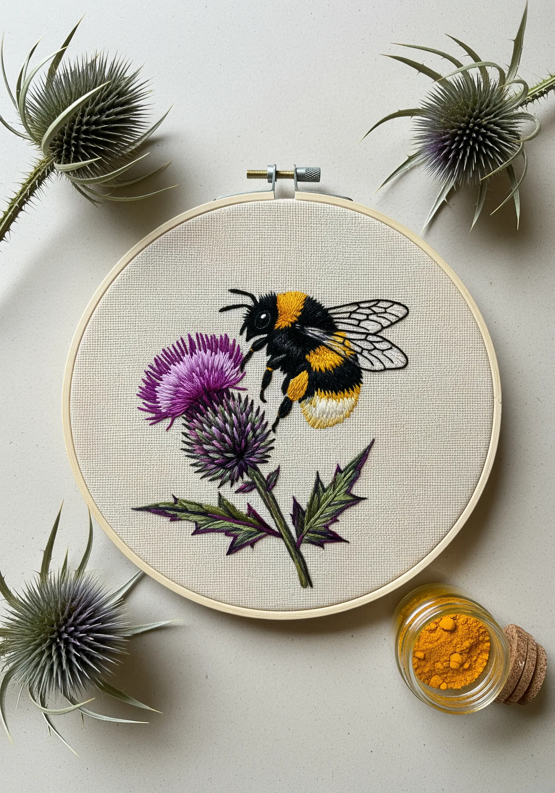 A detailed, thread-painted bumblebee on a thistle, using naturally derived yellow and black threads.