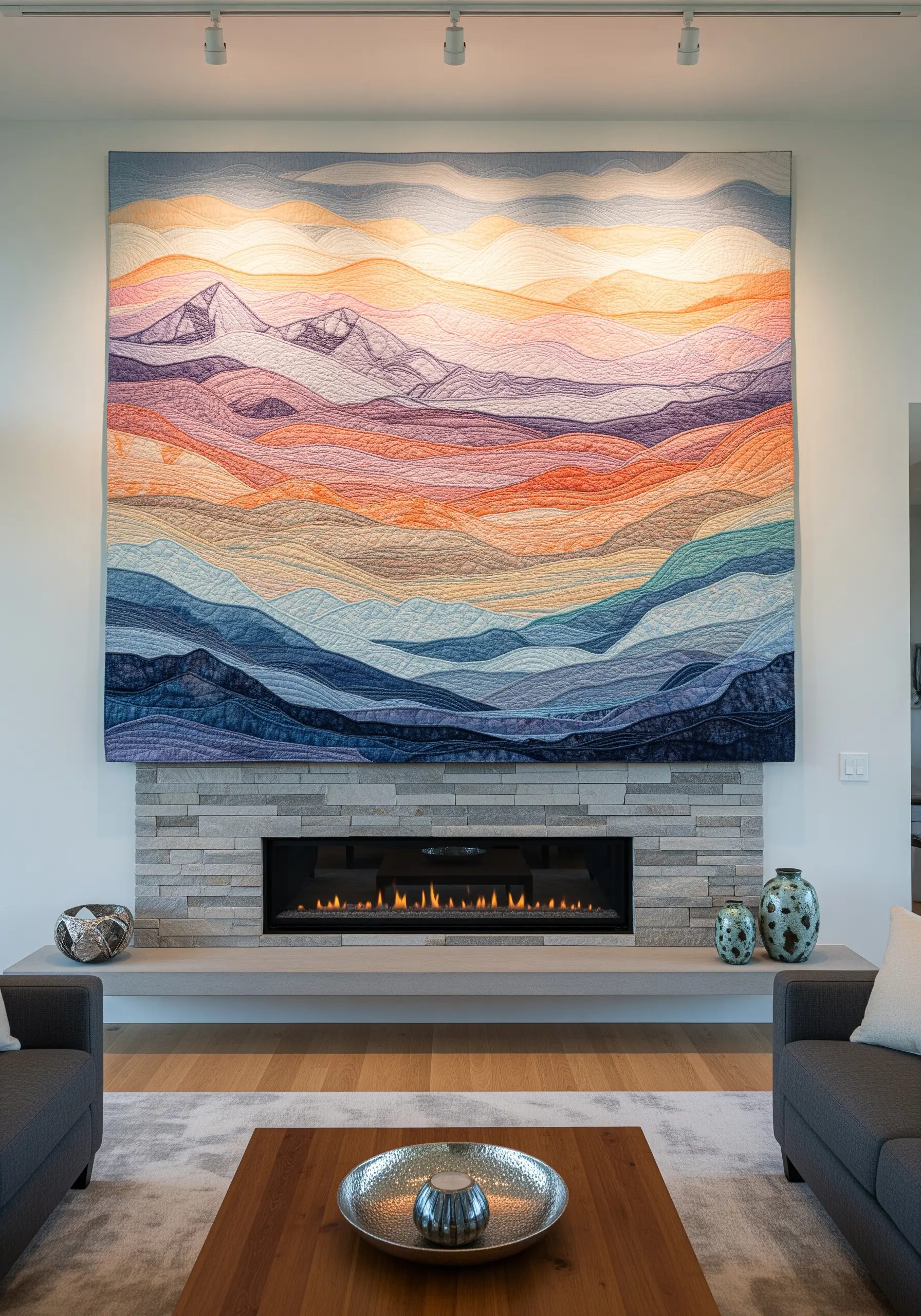 A large, thread-painted quilt depicting a mountain landscape in sunset hues hanging over a fireplace.