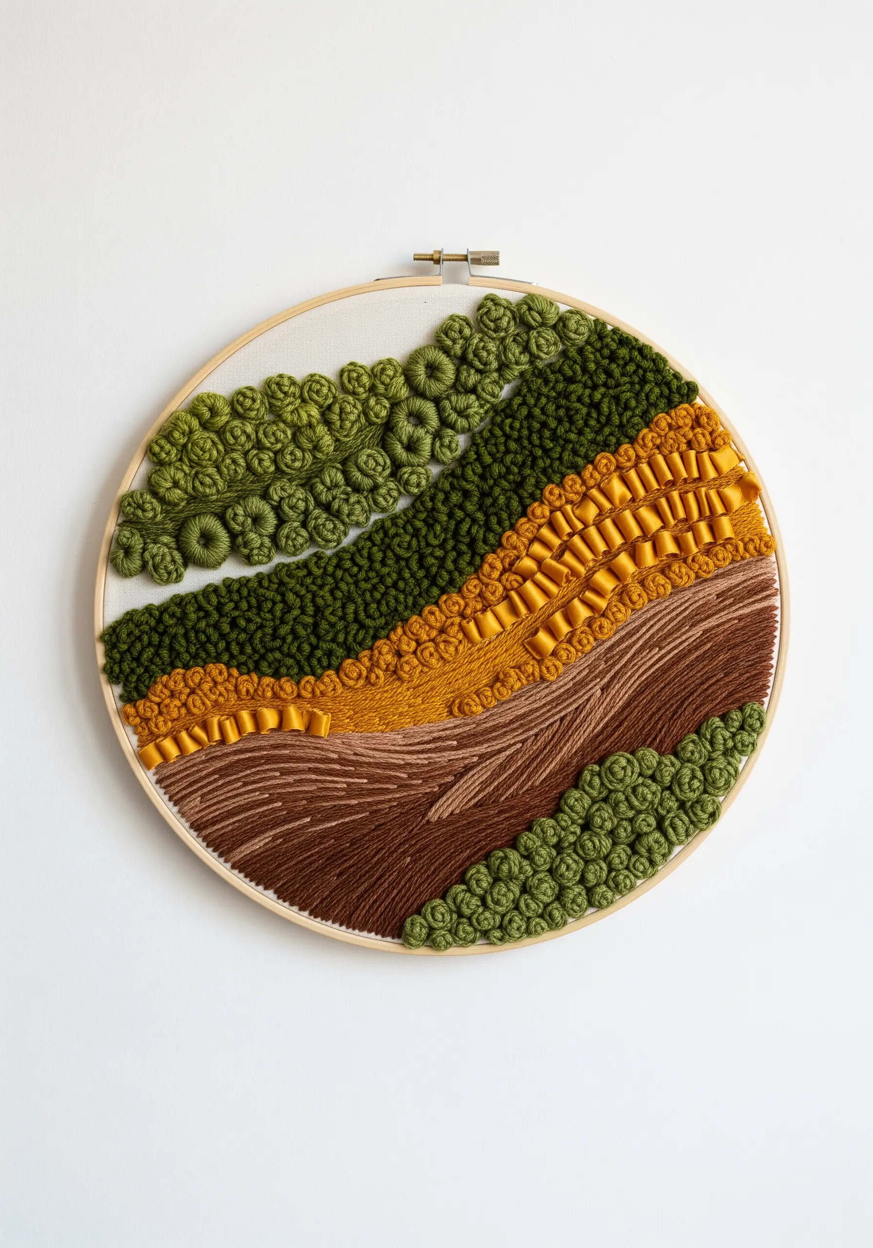 Abstract landscape embroidery using bands of color and varied textures like ribbon and bullion knots.