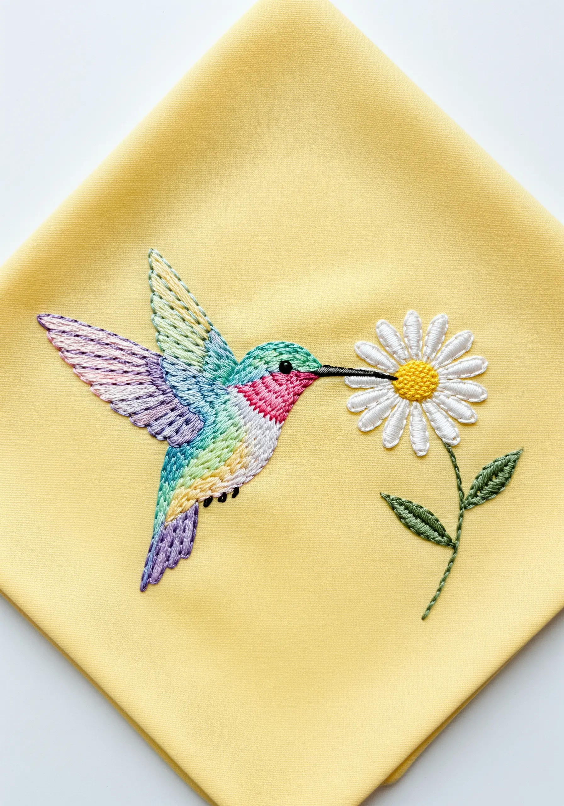 A pastel rainbow hummingbird sips from a white and yellow daisy.