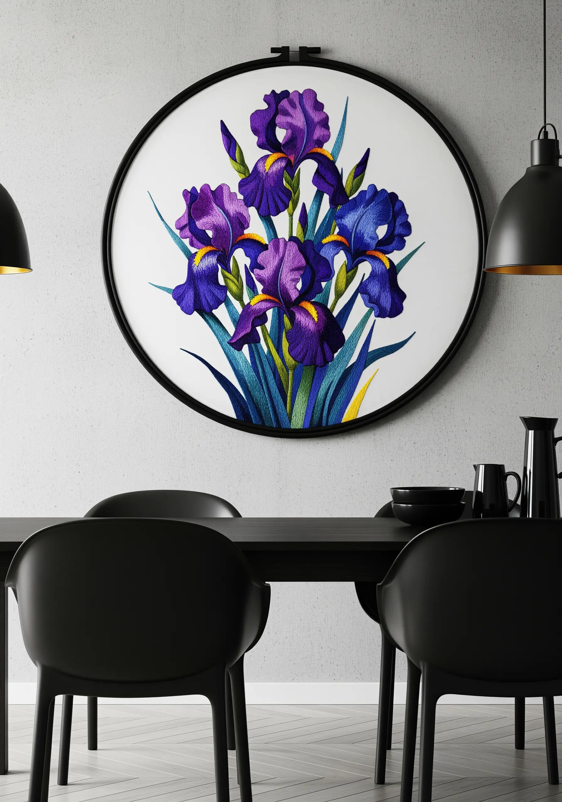 Detailed iris embroidery showcasing thread painting with long-and-short stitch