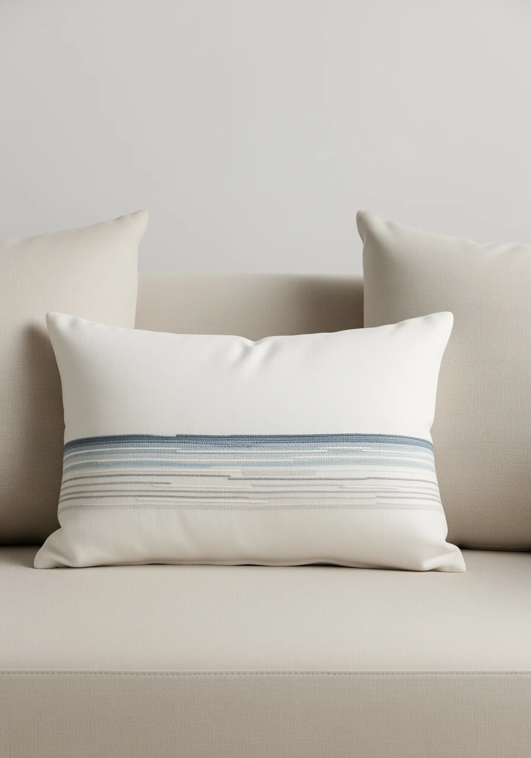 Horizontal lines of straight stitch in shades of blue and grey create a gradient effect