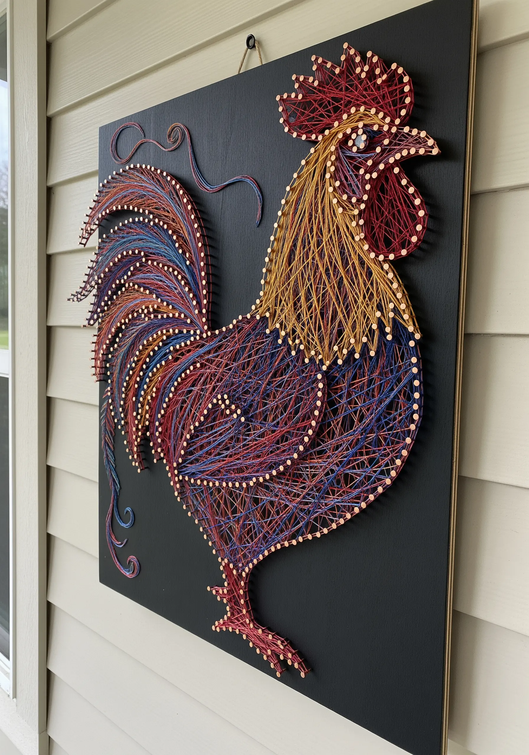 A vibrant string art rooster created with variegated red, blue, and gold threads on black board.