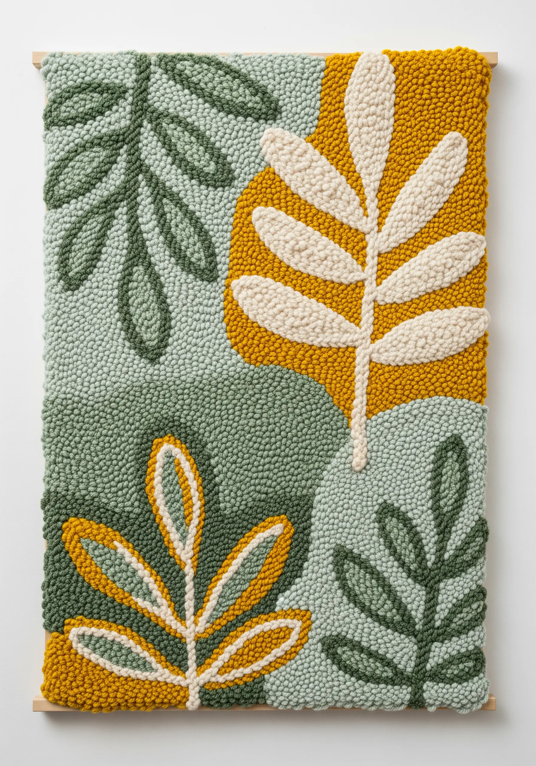 Punch needle wall art with stylized leaves in sage green, mustard yellow, and cream.