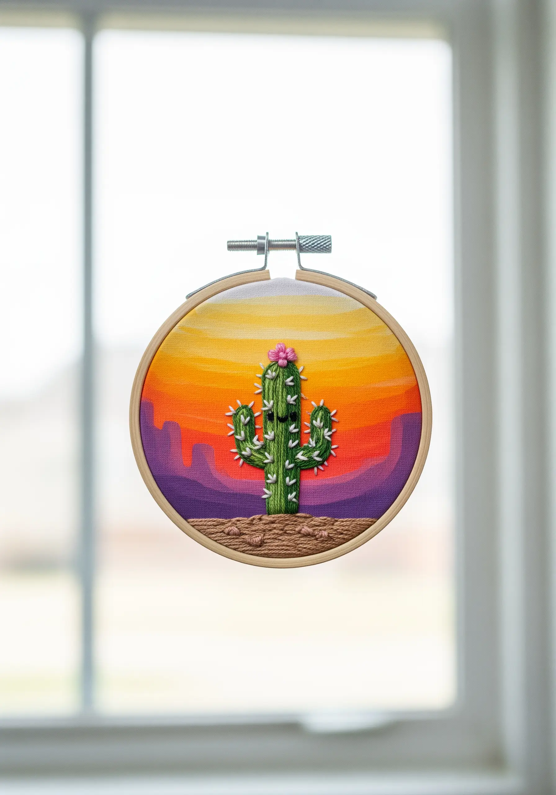 Embroidered cactus with a smiling face set against a painted sunset background in a hoop