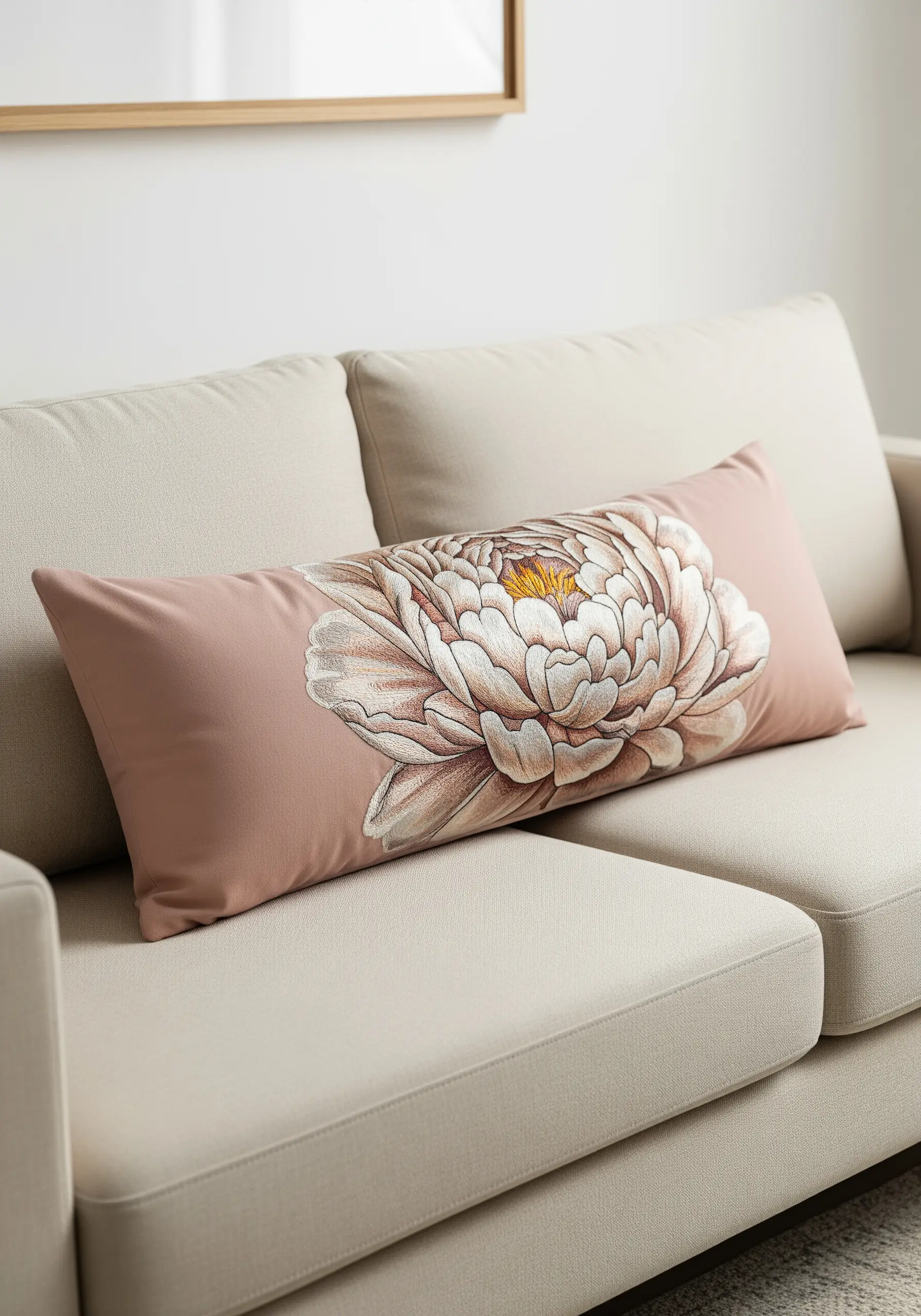 Large peony flower embroidered on a lumbar pillow using thread painting techniques.