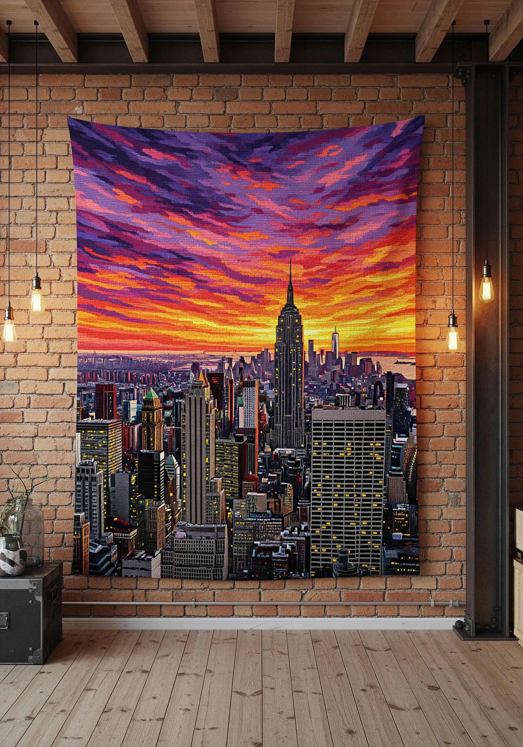 Large, intricate embroidery of a New York City sunset with a blended, painterly sky.