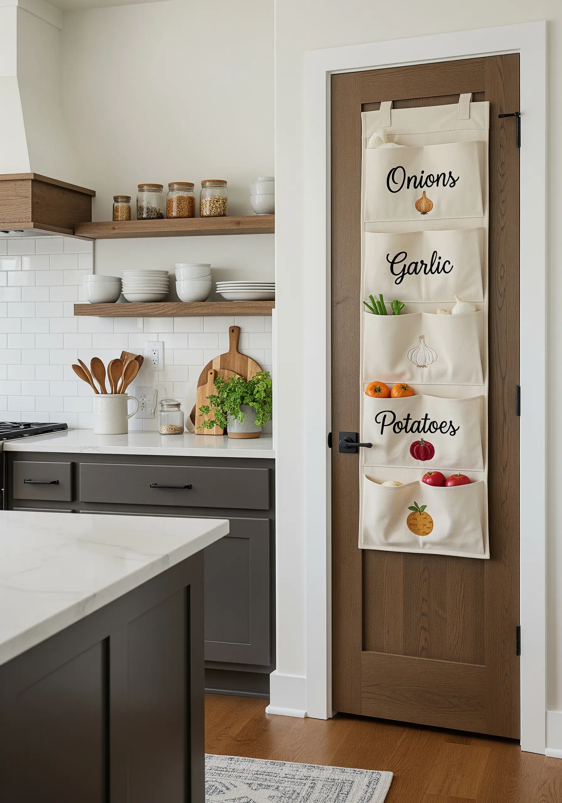 A hanging canvas organizer with pockets labeled 'Onions,' 'Garlic,' and 'Potatoes'.