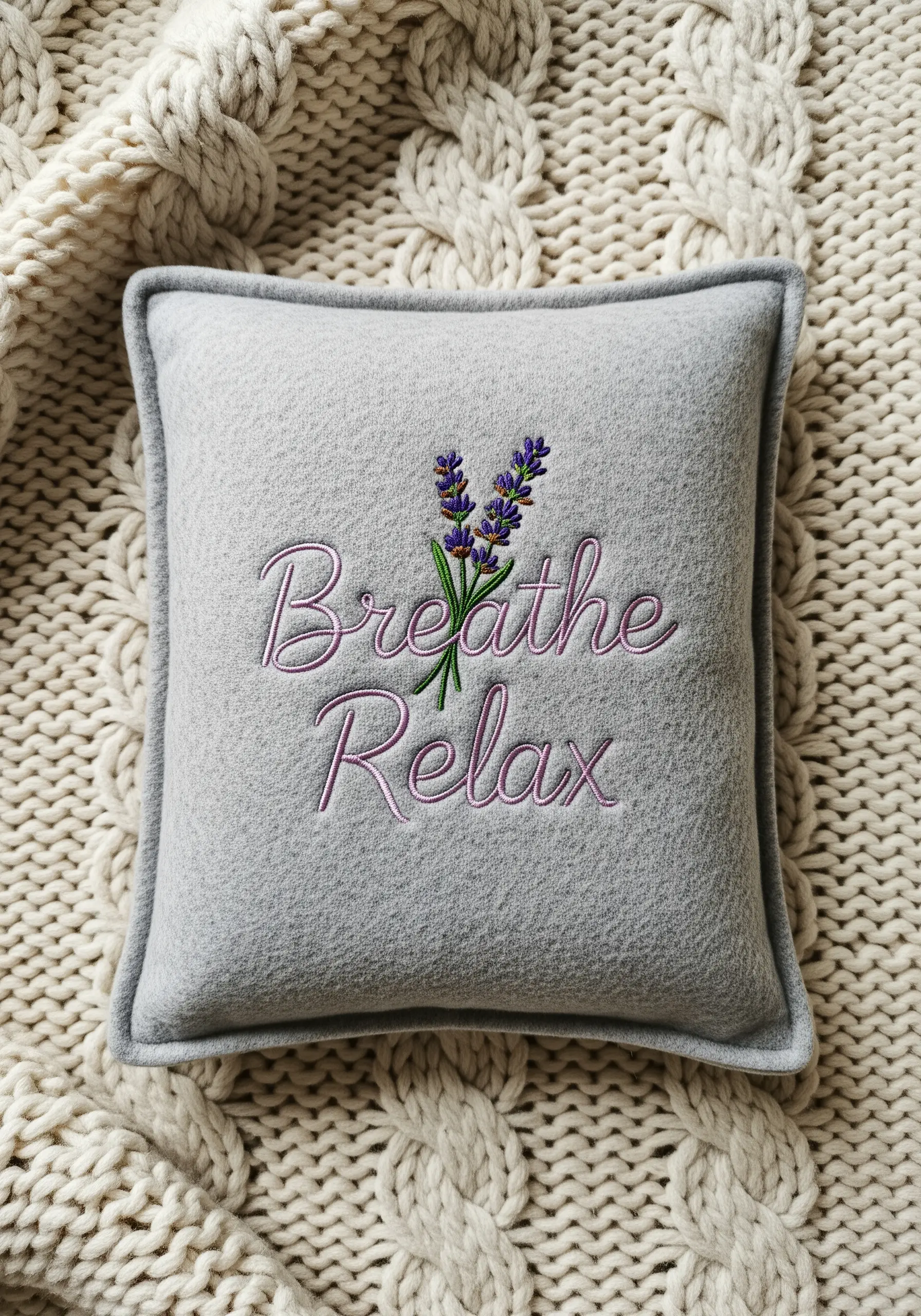 A grey felt pillow embroidered with the words 'Breathe Relax' and a lavender sprig.