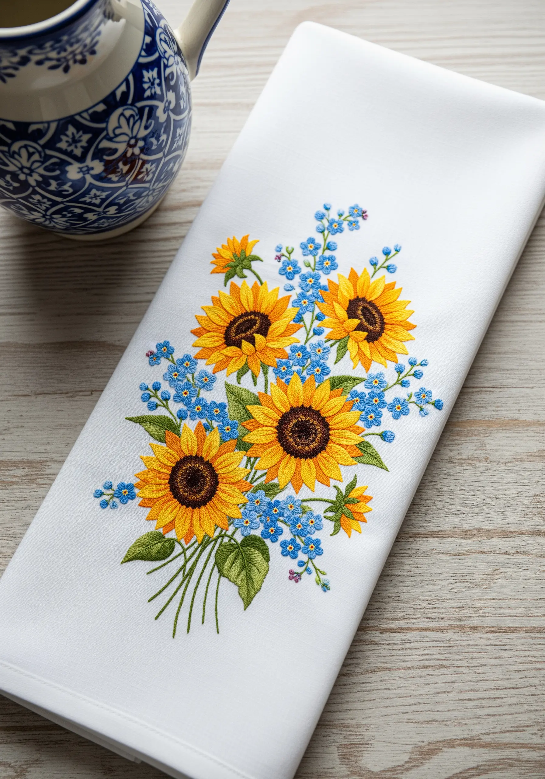 A bouquet of embroidered sunflowers mixed with tiny blue forget-me-not flowers on a white towel