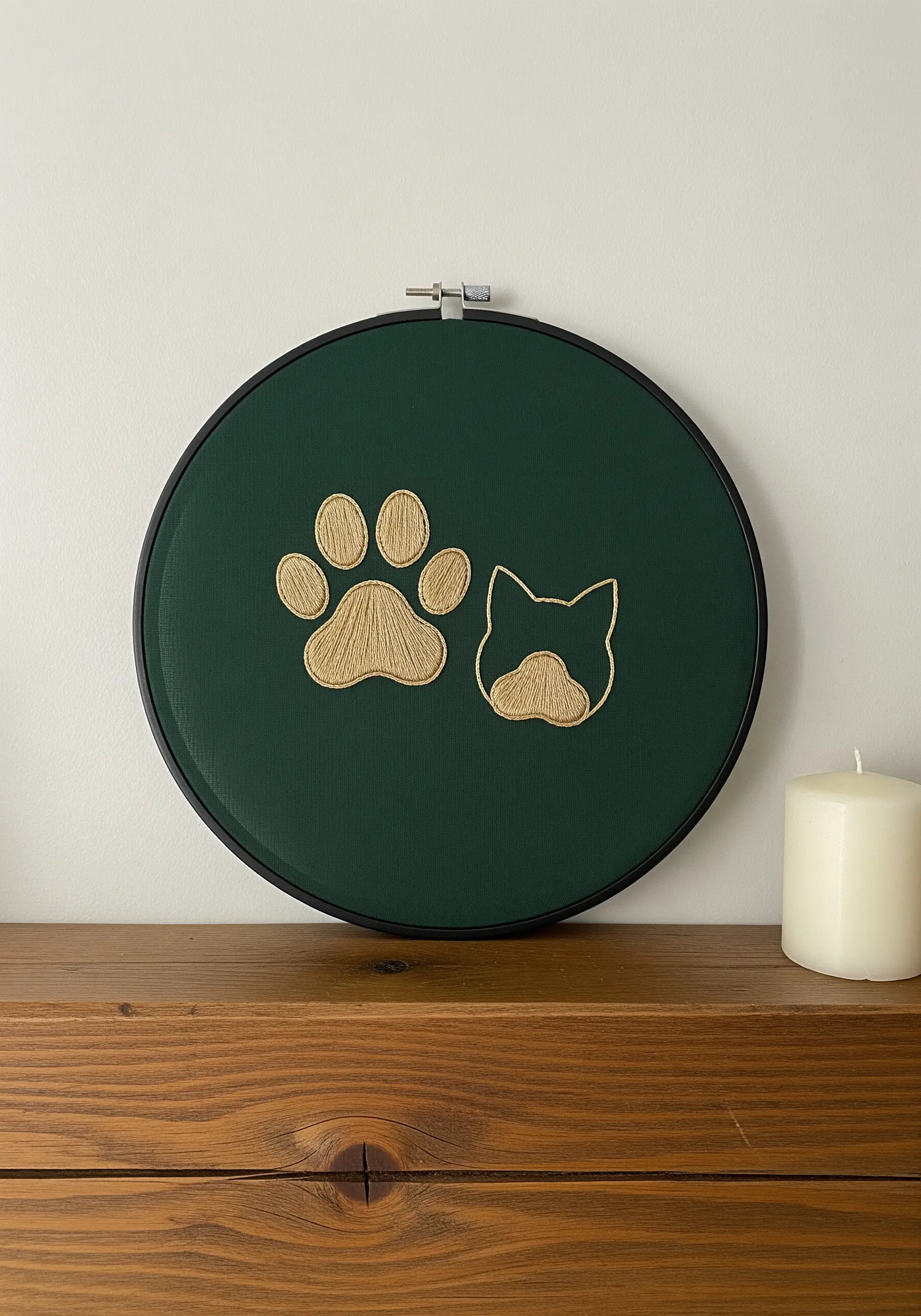 Gold satin-stitched paw print and cat head outline on dark green fabric.