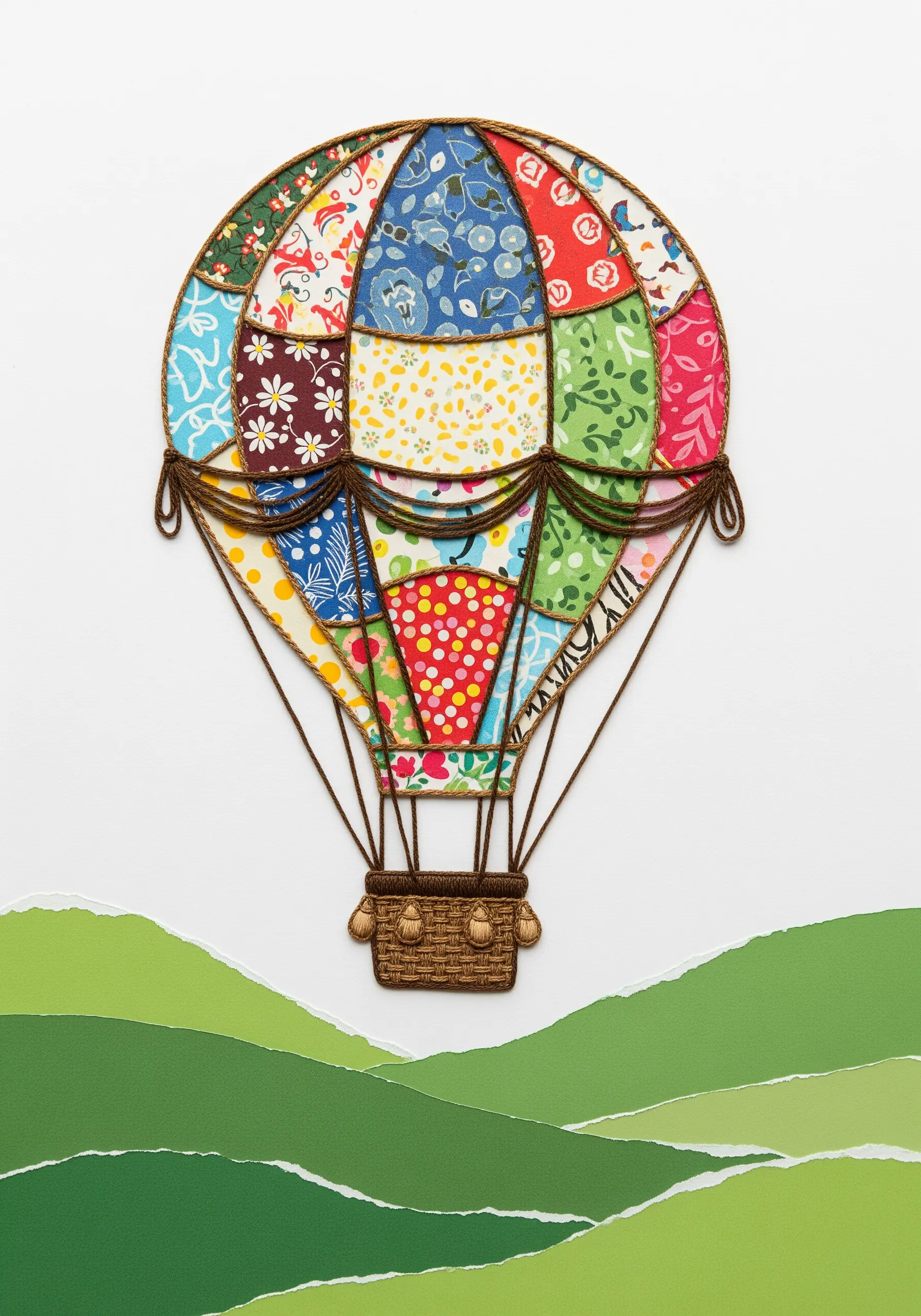 A hot air balloon made from colorful patchwork fabric scraps, outlined with couched brown yarn