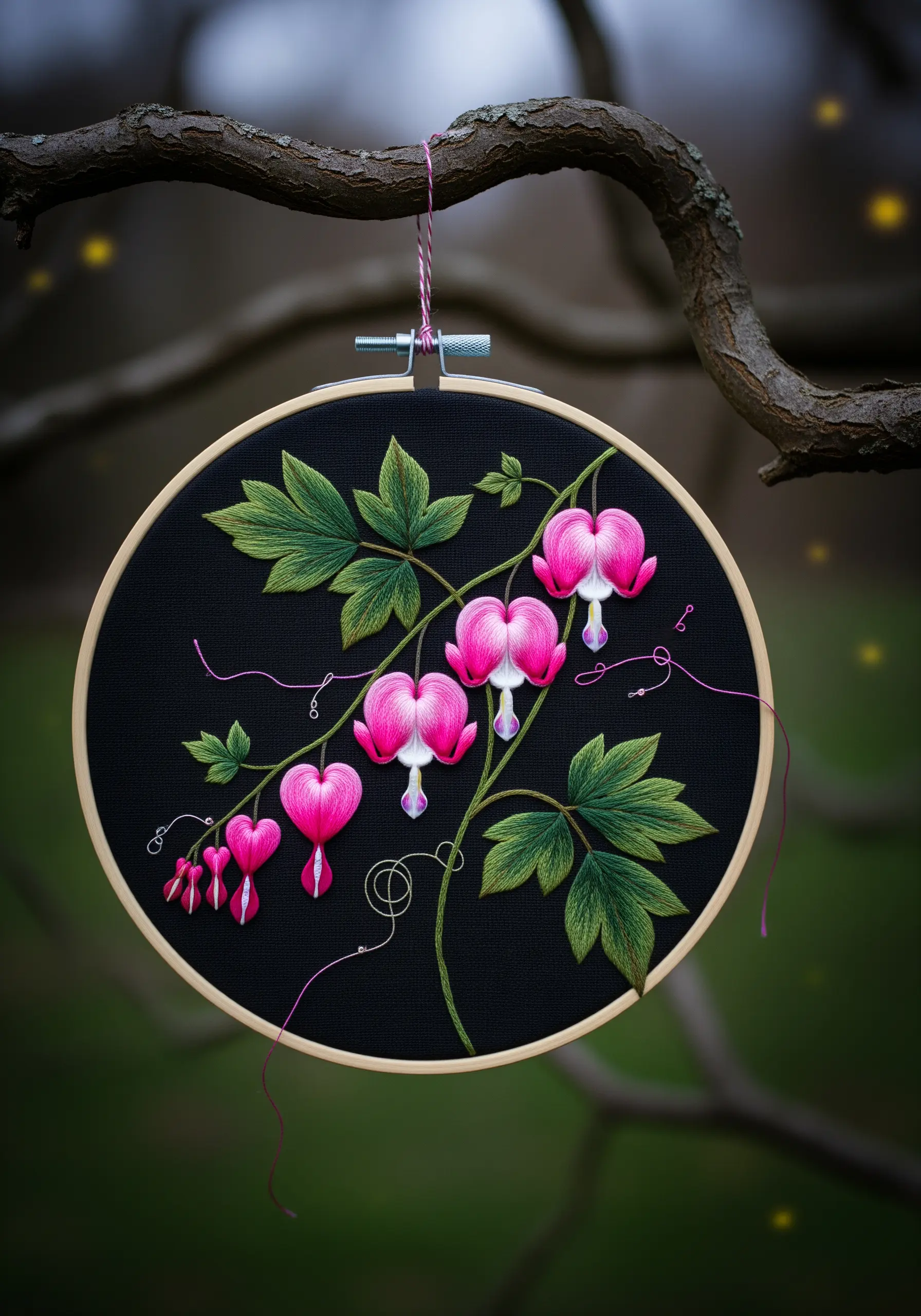 A branch of bleeding heart flowers with a pink-to-white gradient, hanging from a tree branch.
