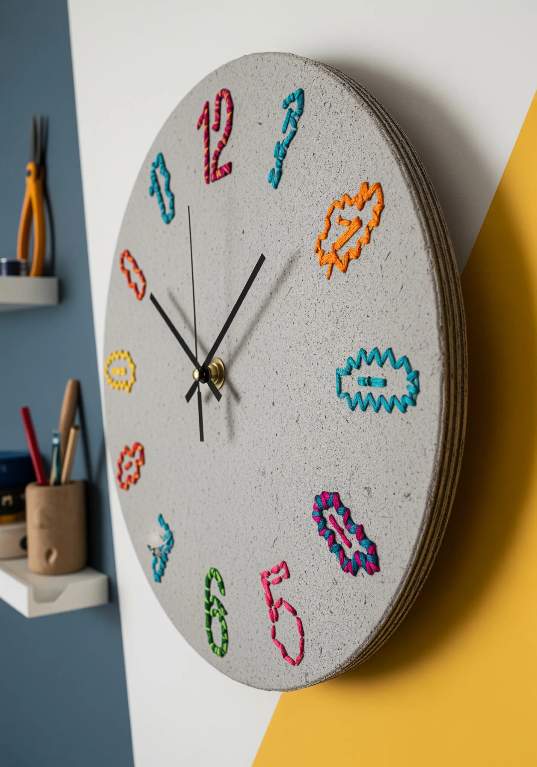 A DIY wall clock with a grey textured face and colorful, embroidered numbers.