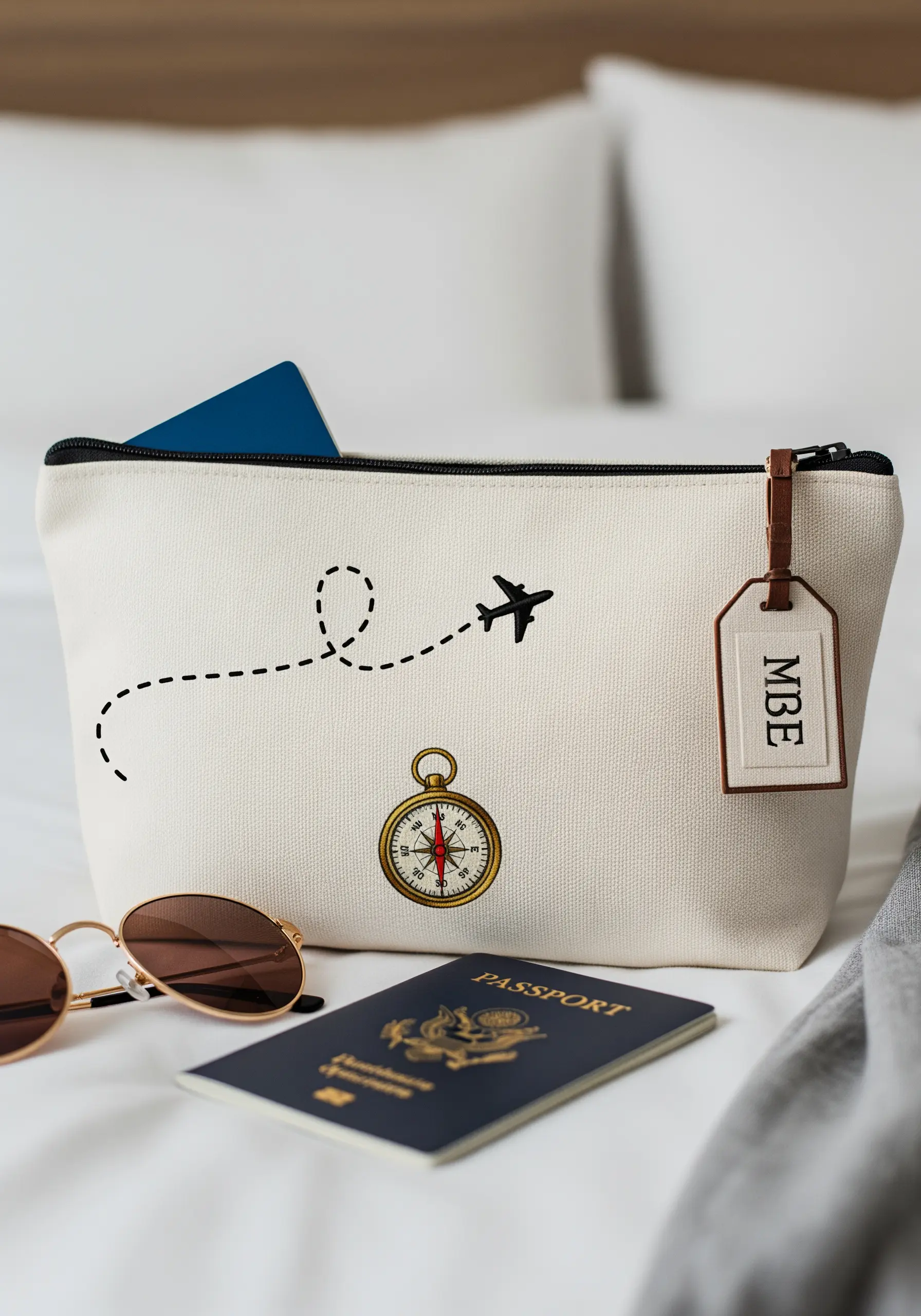 A canvas pouch embroidered with a compass, airplane, and flight path motif.