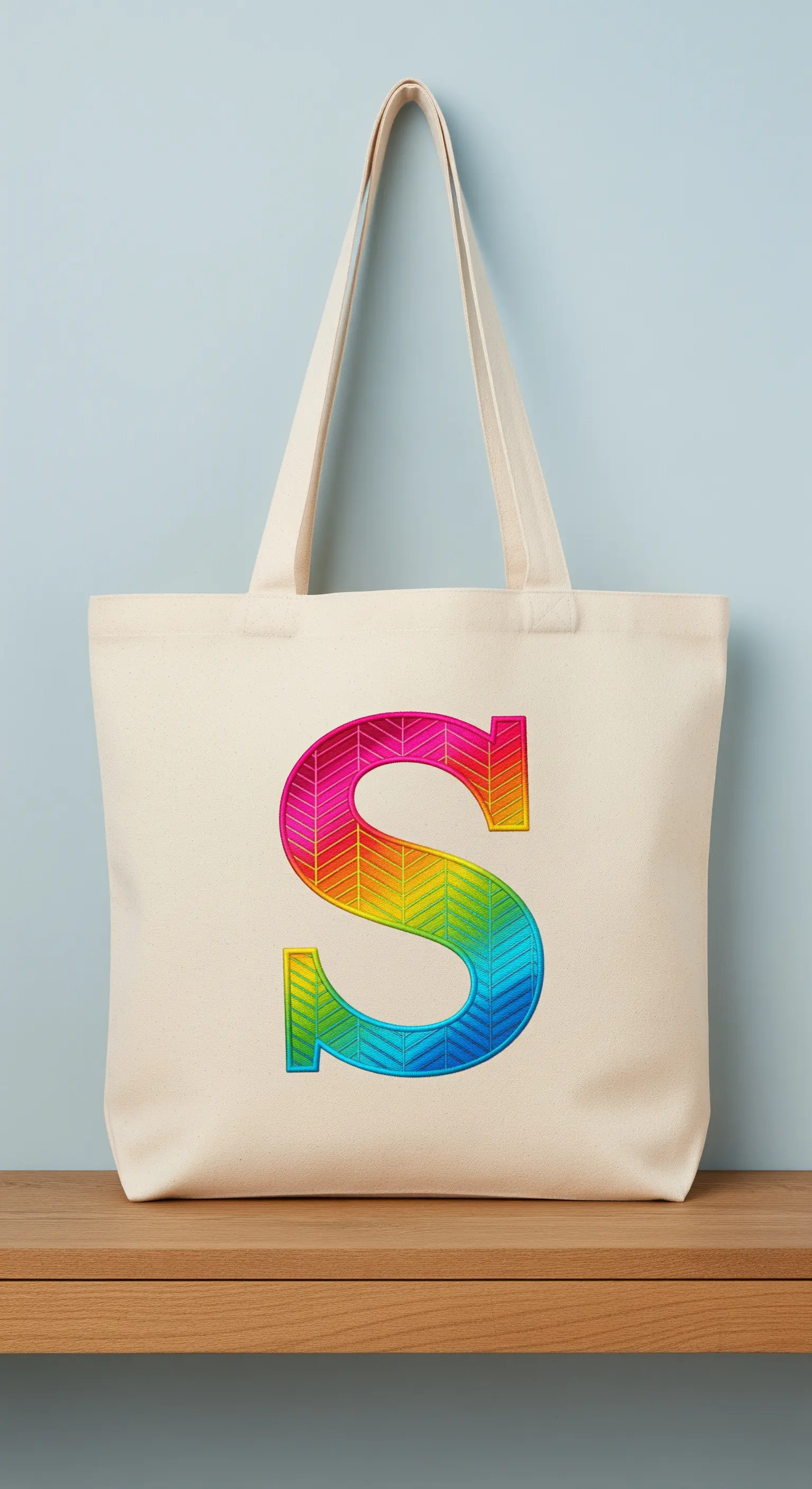 A tote bag with a large letter 'S' filled with a machine-embroidered rainbow pattern.