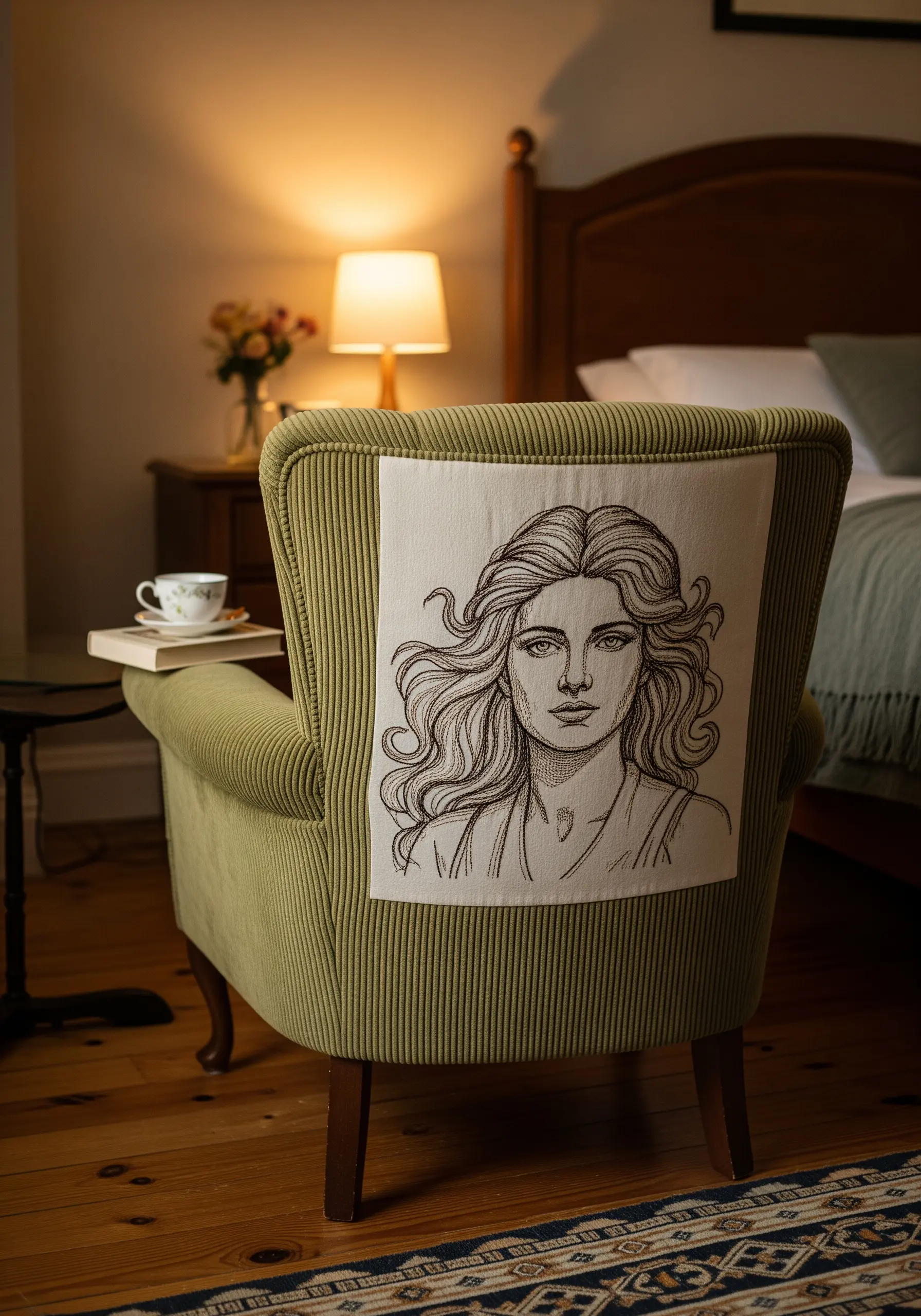 An armchair with a custom slipcover featuring a delicate line art portrait of a woman.