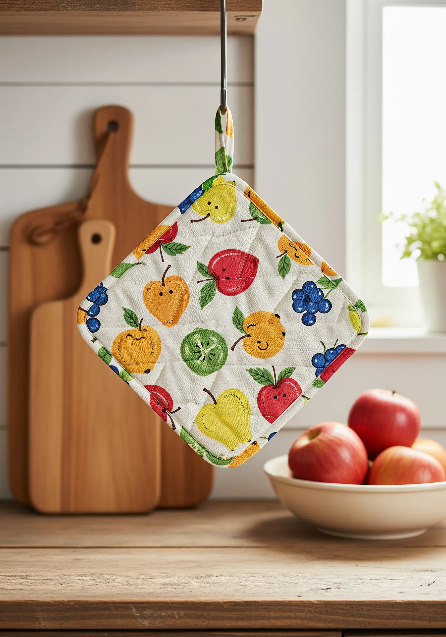 A quilted pot holder with a cheerful print of smiling cartoon fruits.