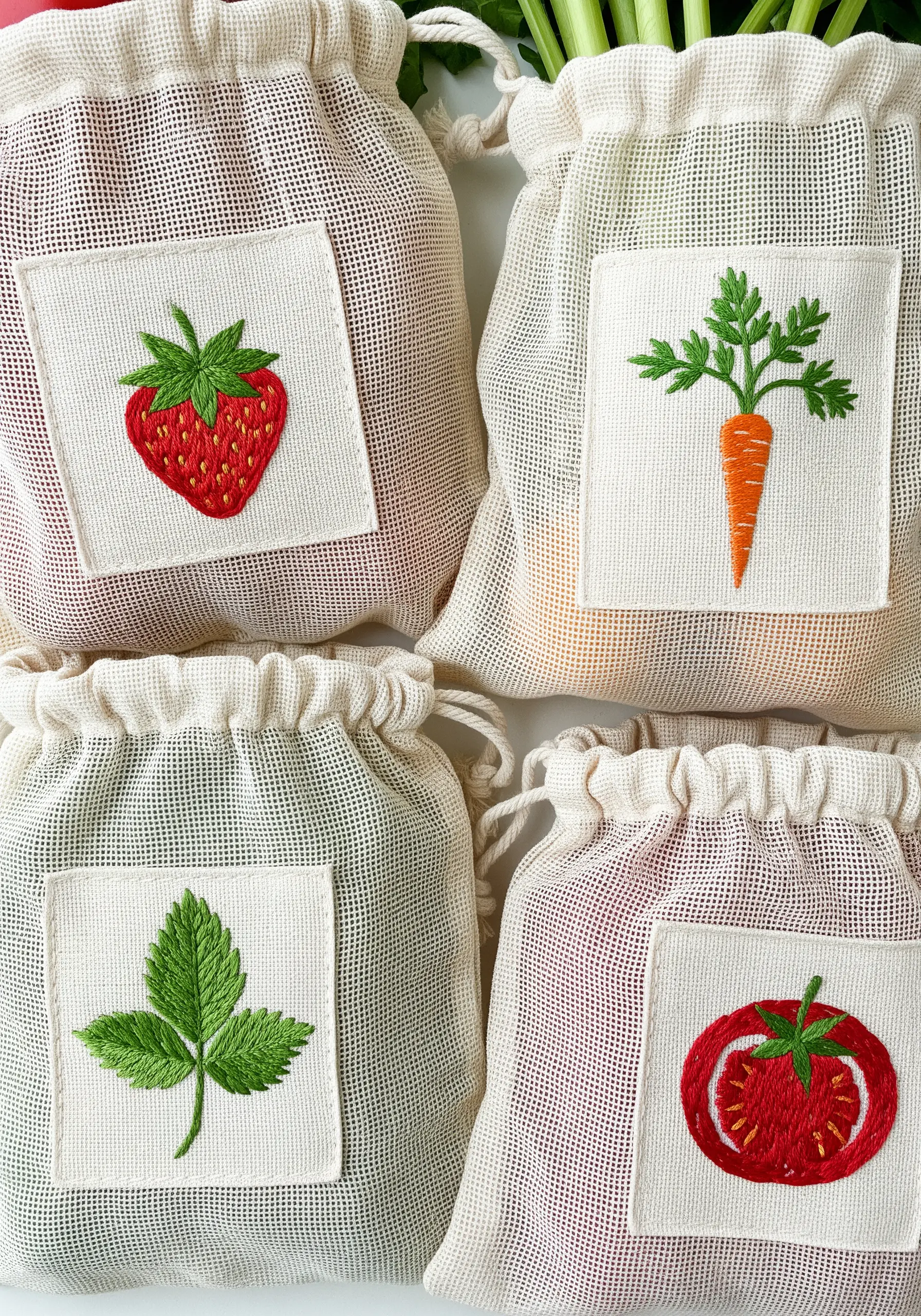 Four reusable mesh produce bags, each with a small embroidered patch of a fruit or vegetable