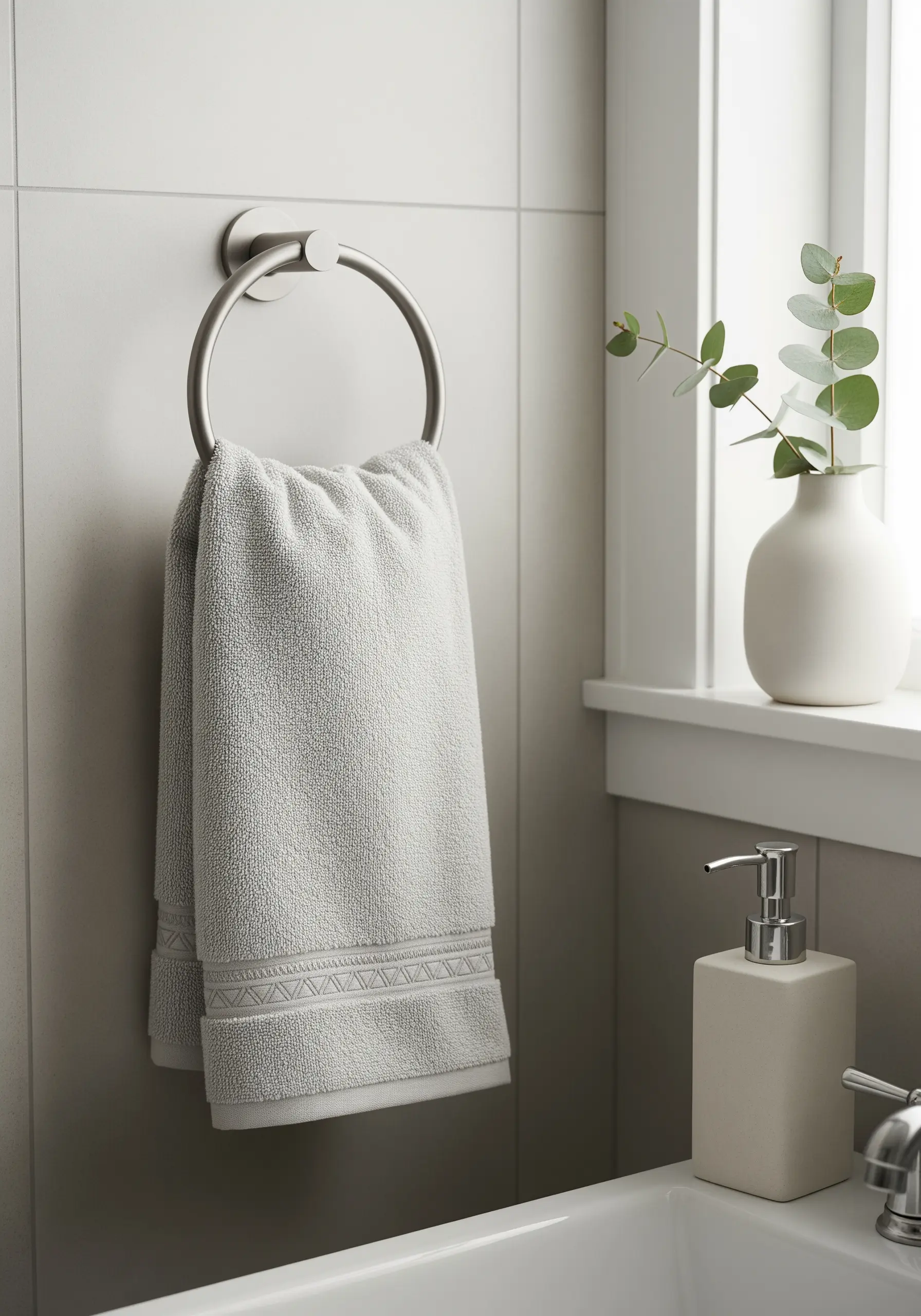 A plain grey terrycloth towel hanging on a ring, ready for personalization.