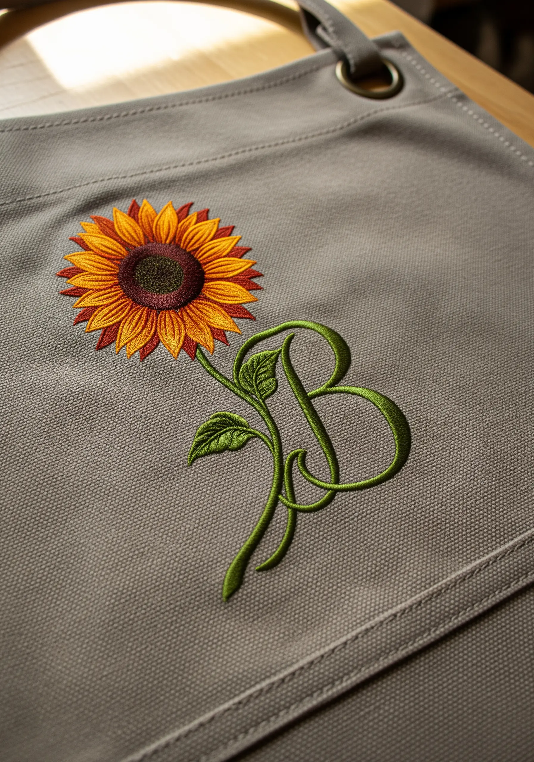 A sunflower stem and leaves intertwined with the embroidered initial 'B' on a grey apron