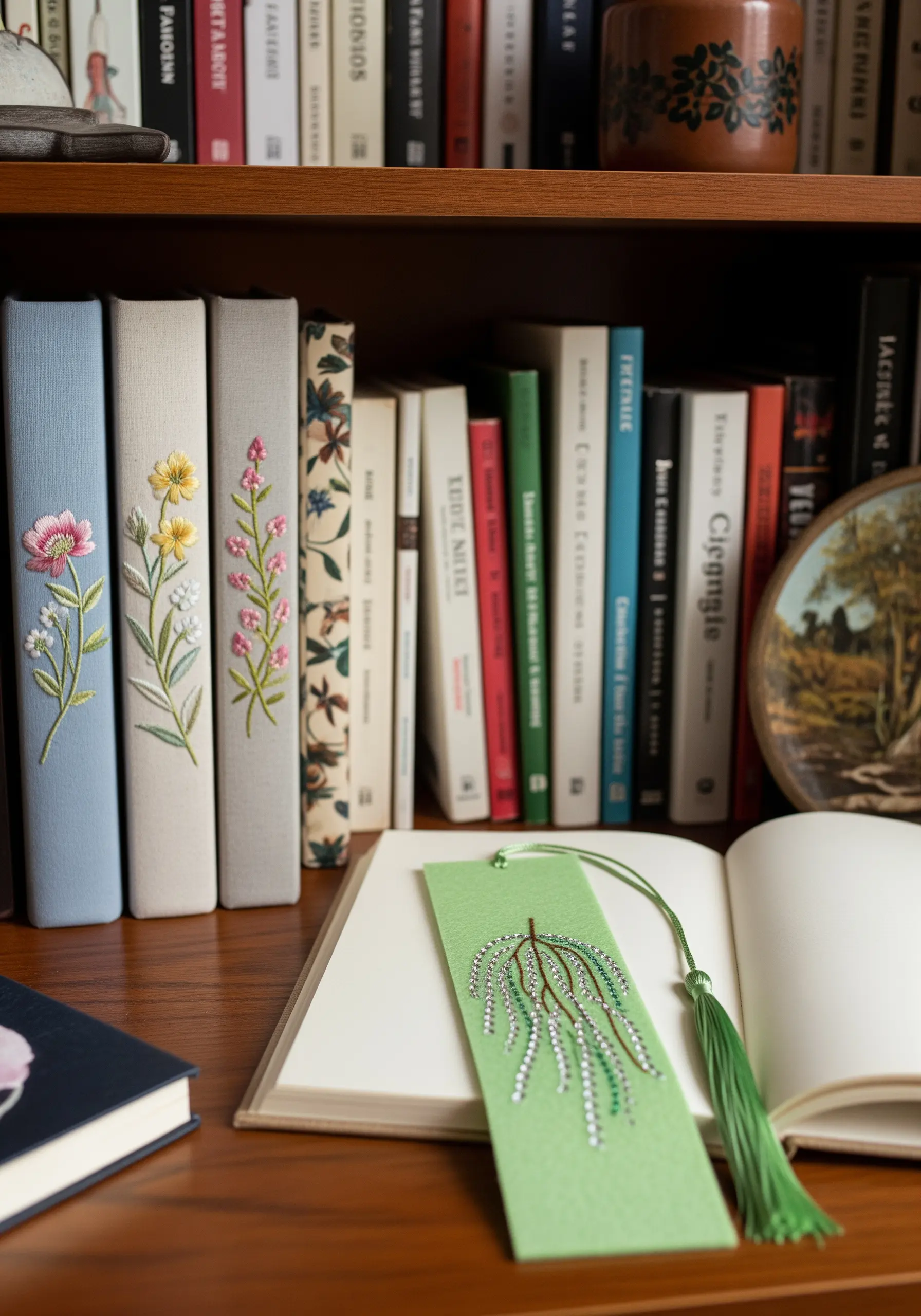 A row of cloth-bound books with delicate floral embroidery stitched vertically down their spines.