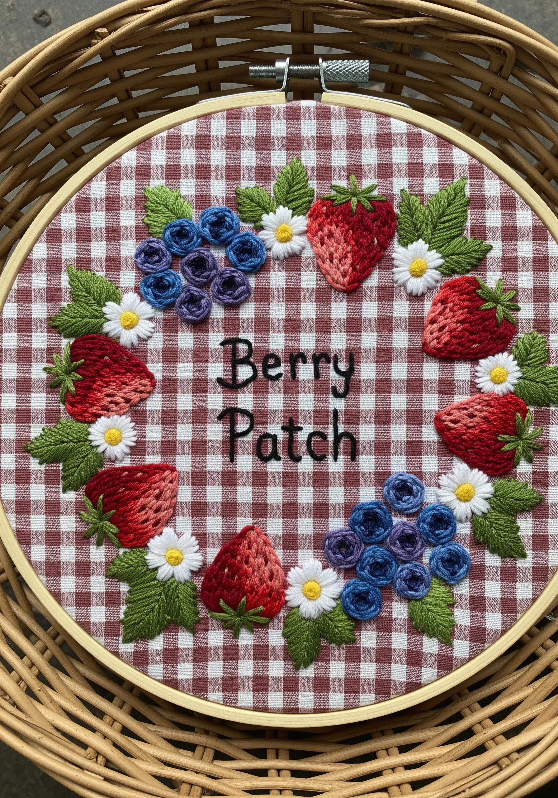 An embroidered wreath of strawberries and blueberries on a red gingham fabric.