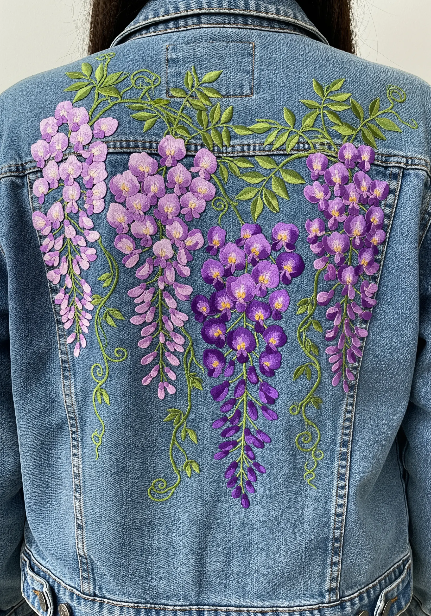 Cascading wisteria with purple gradient petals embroidered on the back of a denim jacket.