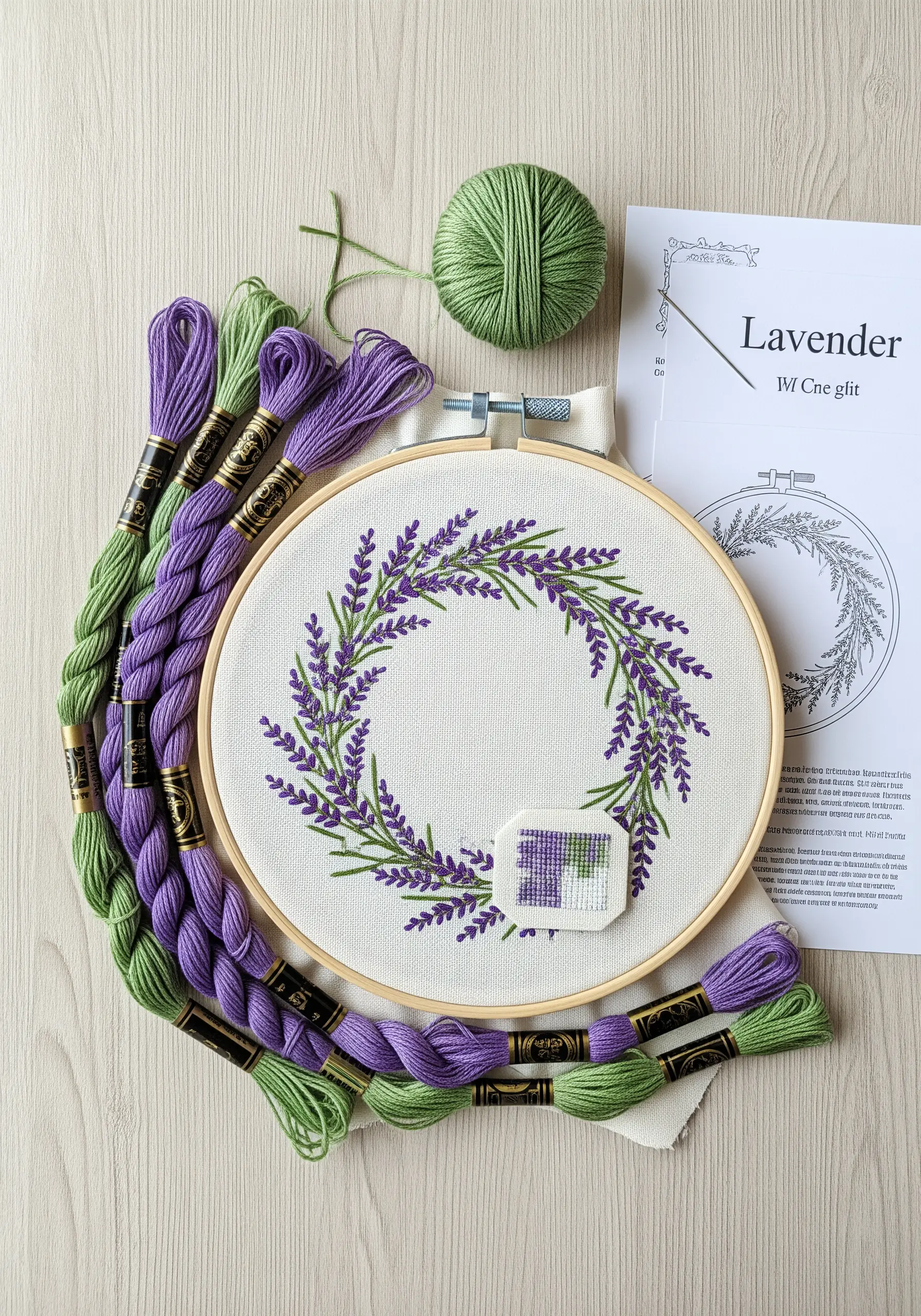 An embroidery hoop with a lavender wreath, surrounded by skeins of purple and green floss.