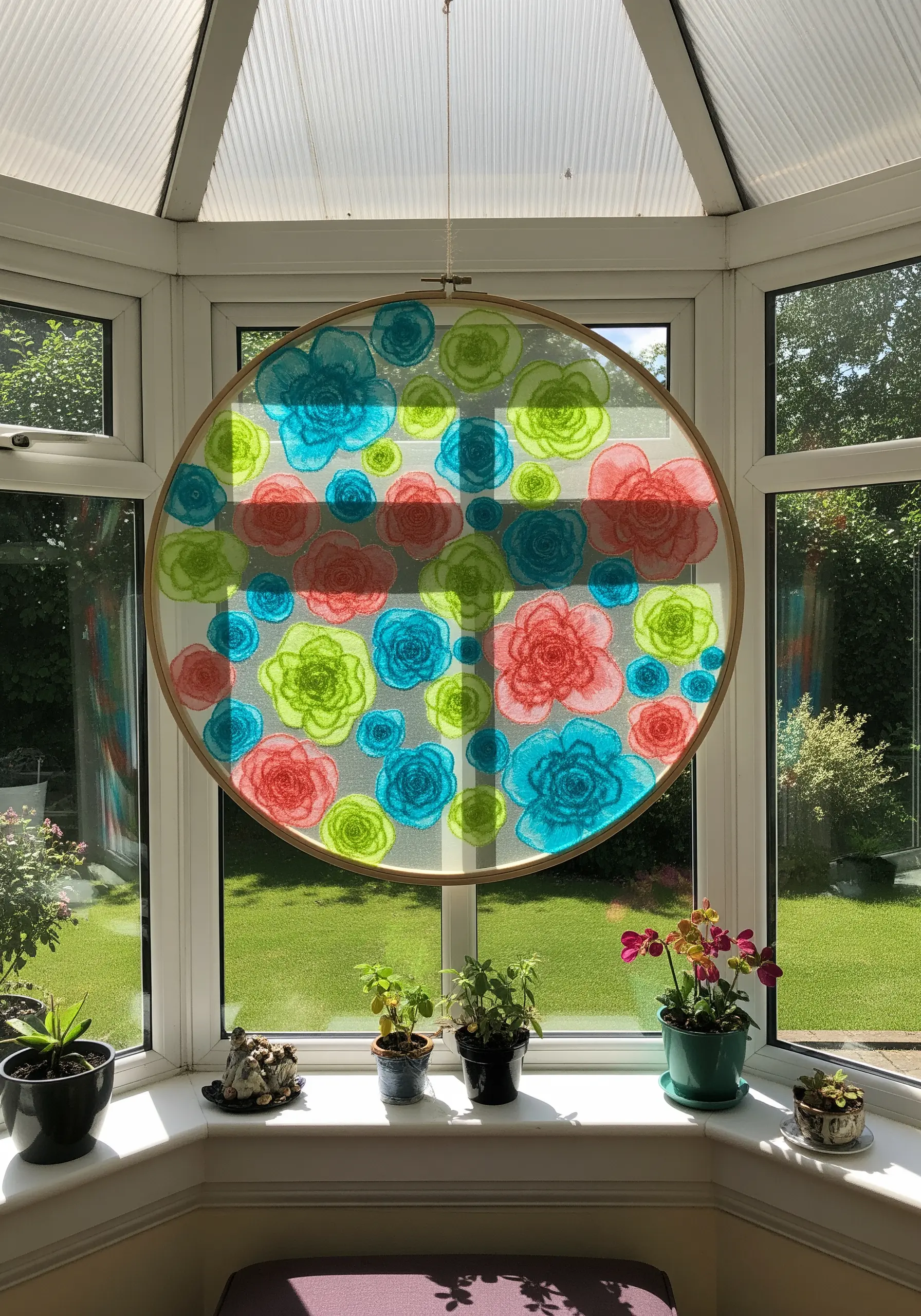 Colorful rose embroidery on a sheer organza fabric, creating a suncatcher effect