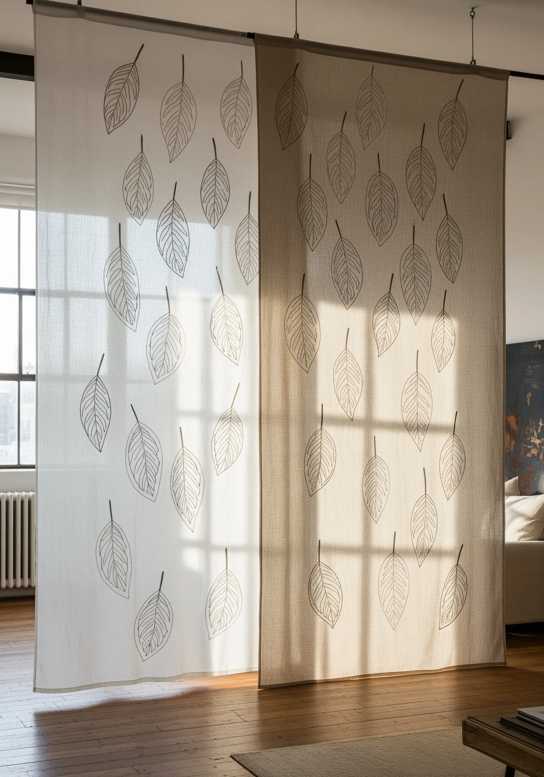 Embroidered leaf motifs on semi-sheer linen panels acting as a room divider.