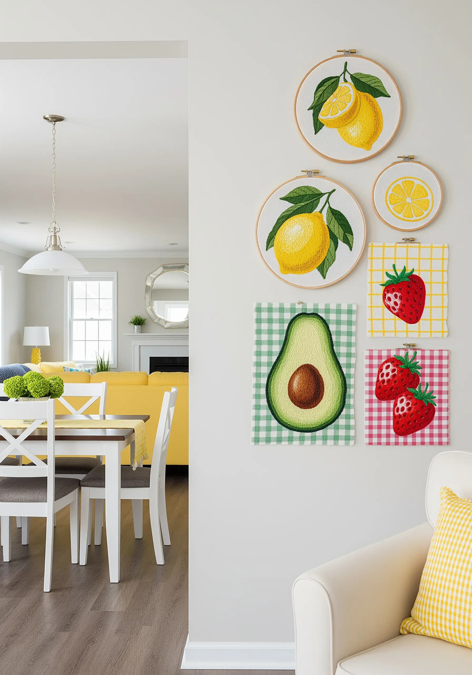 A collection of embroidered fruits, including lemons and strawberries, stitched on gingham fabric.