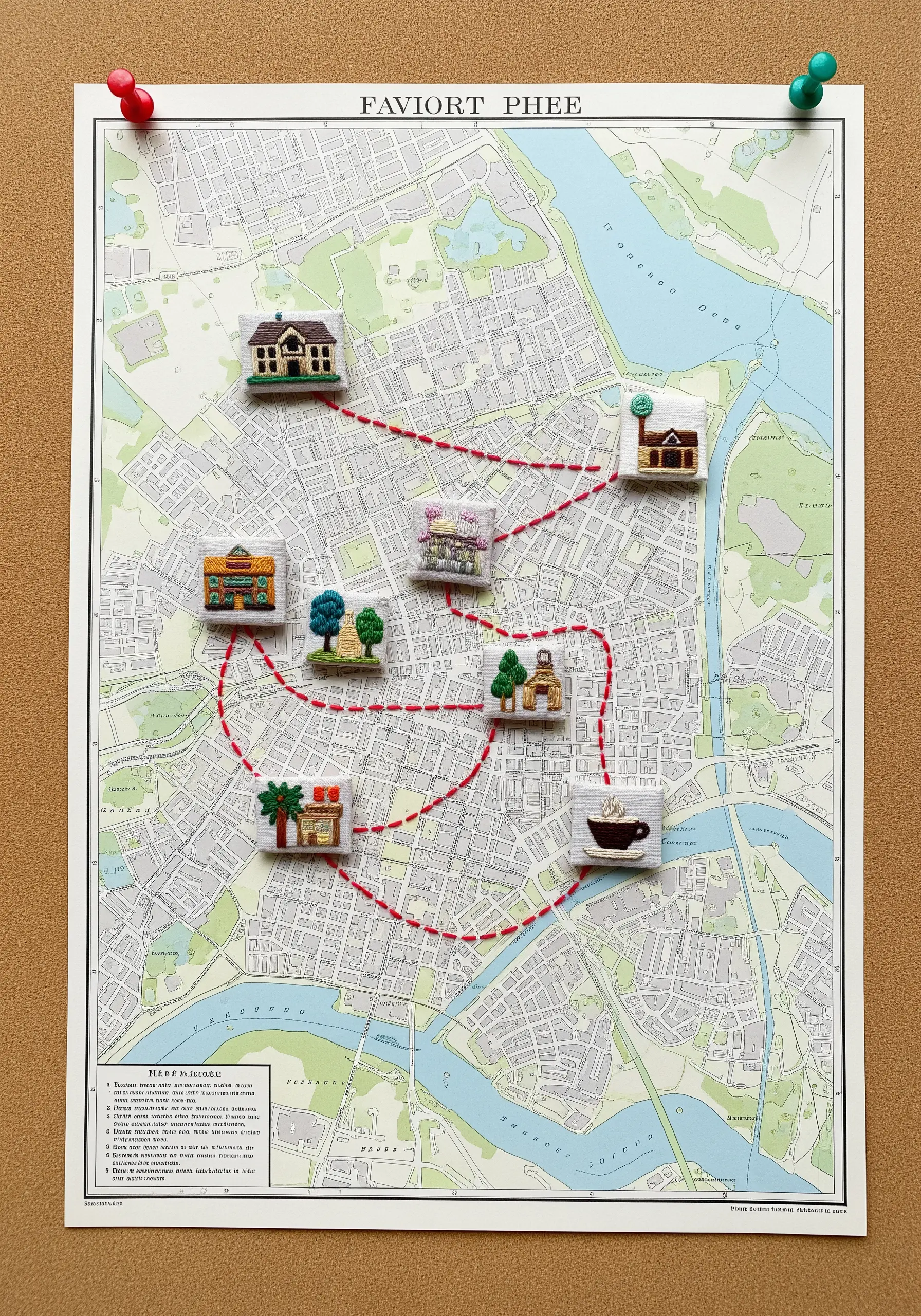 A city map on a corkboard with a route marked by tiny, three-dimensional embroidered building pins.