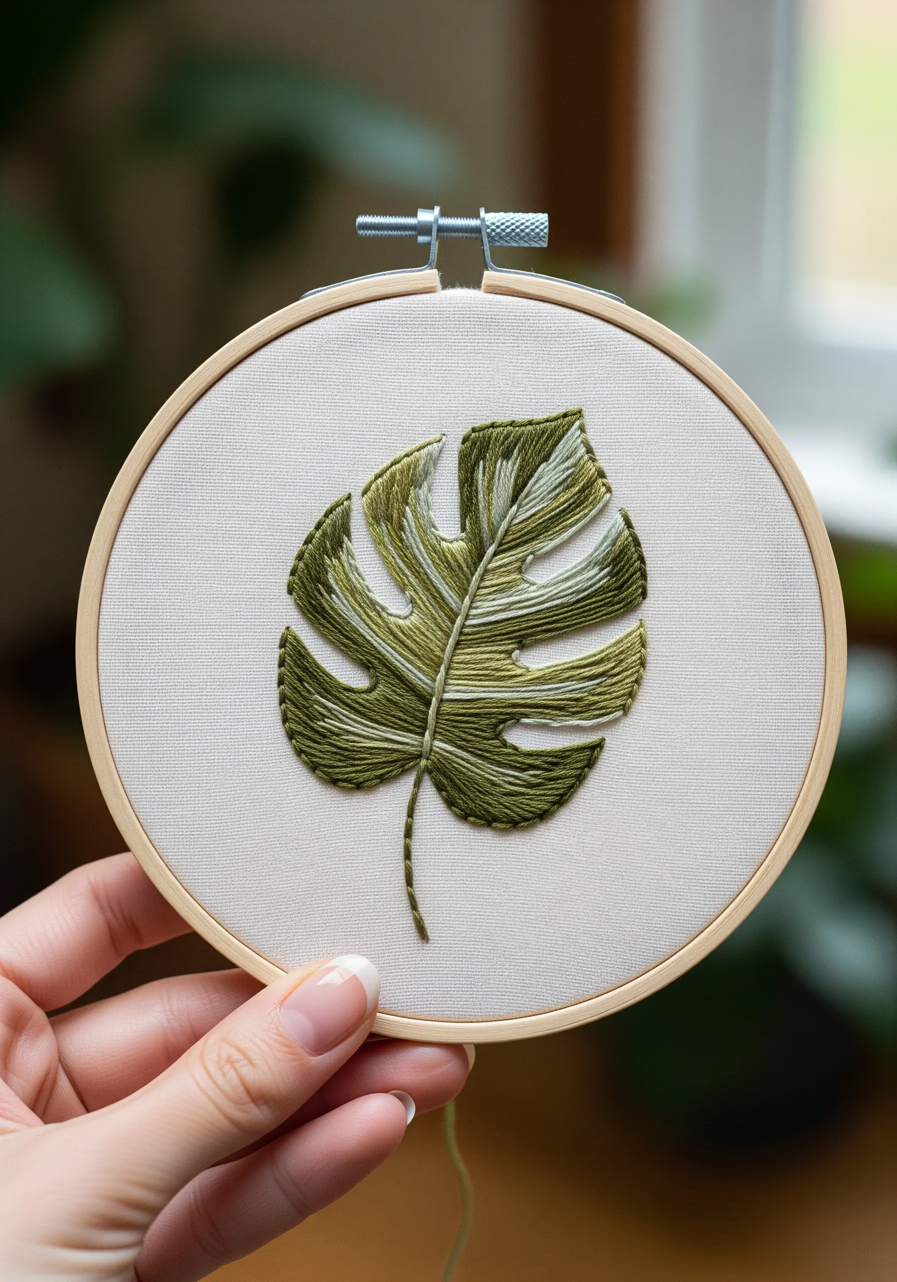 Monstera leaf embroidery with distinct blocks of green and white thread.