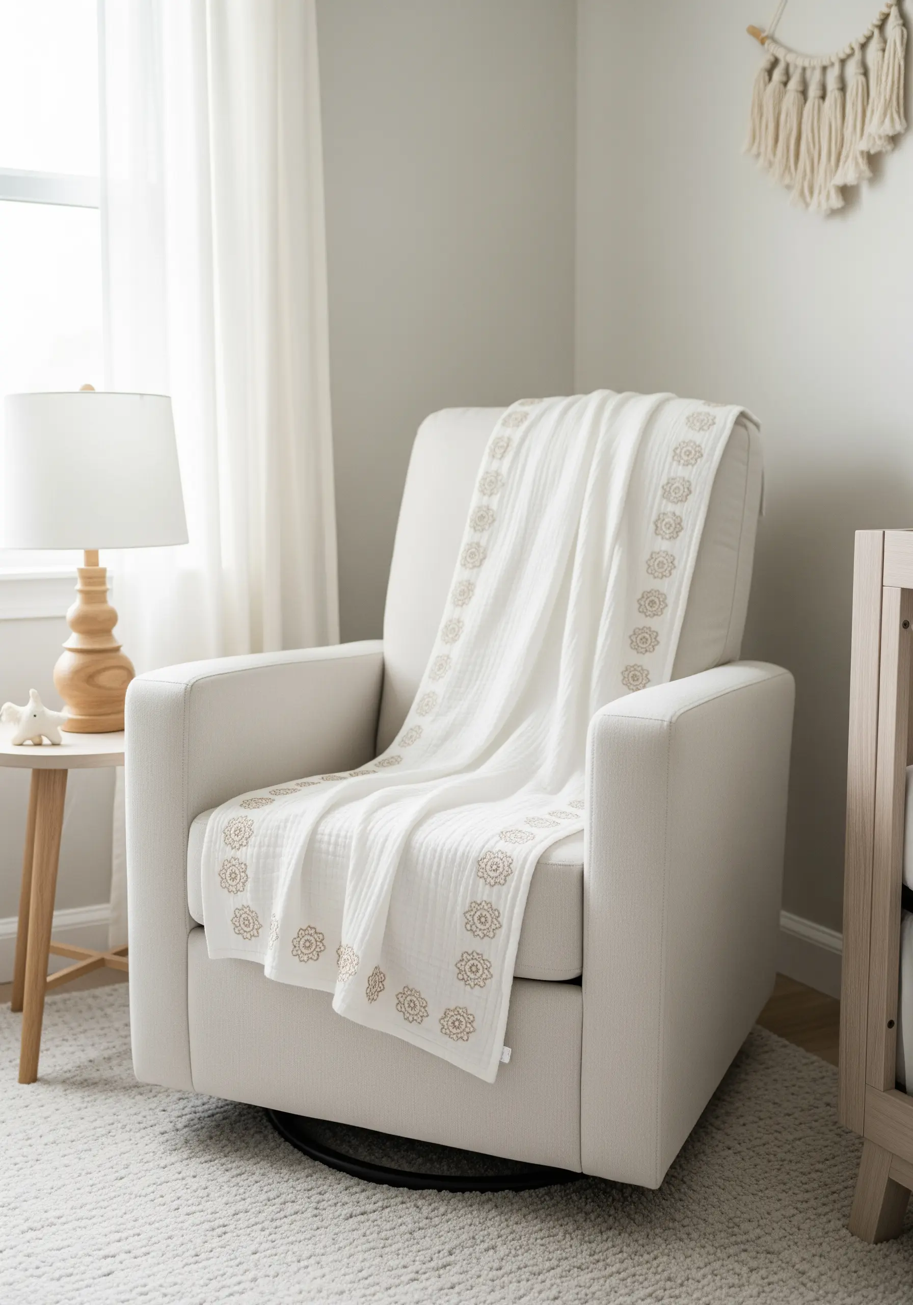 A soft white muslin baby blanket with a delicate border of small, embroidered mandalas.